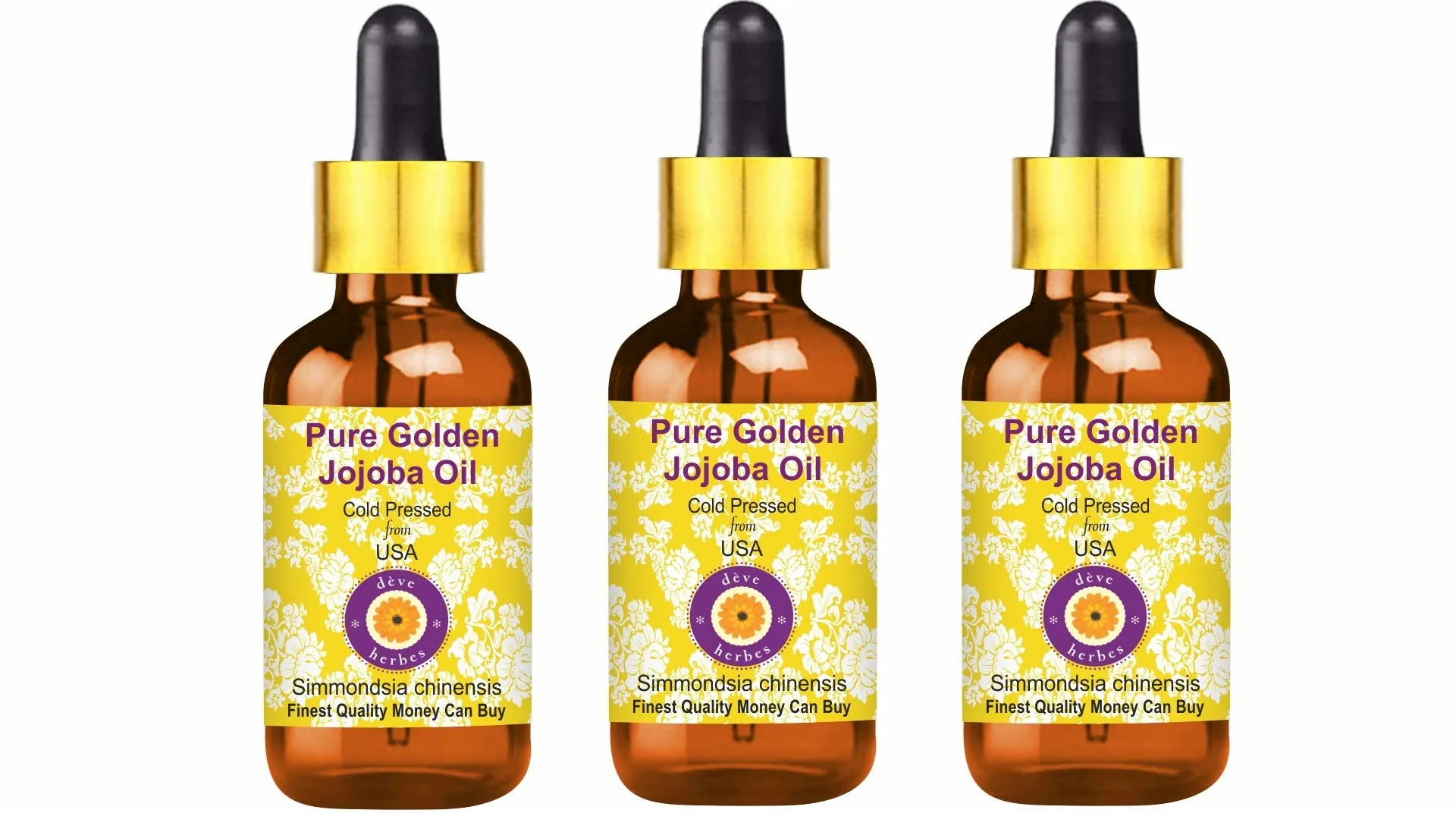Deve Herbes Olio di jojoba puro dorato (Simmondsia chinensis) con contagocce in vetro pressato a freddo (confezione da tre) 100 ml x 3 (10 oz)