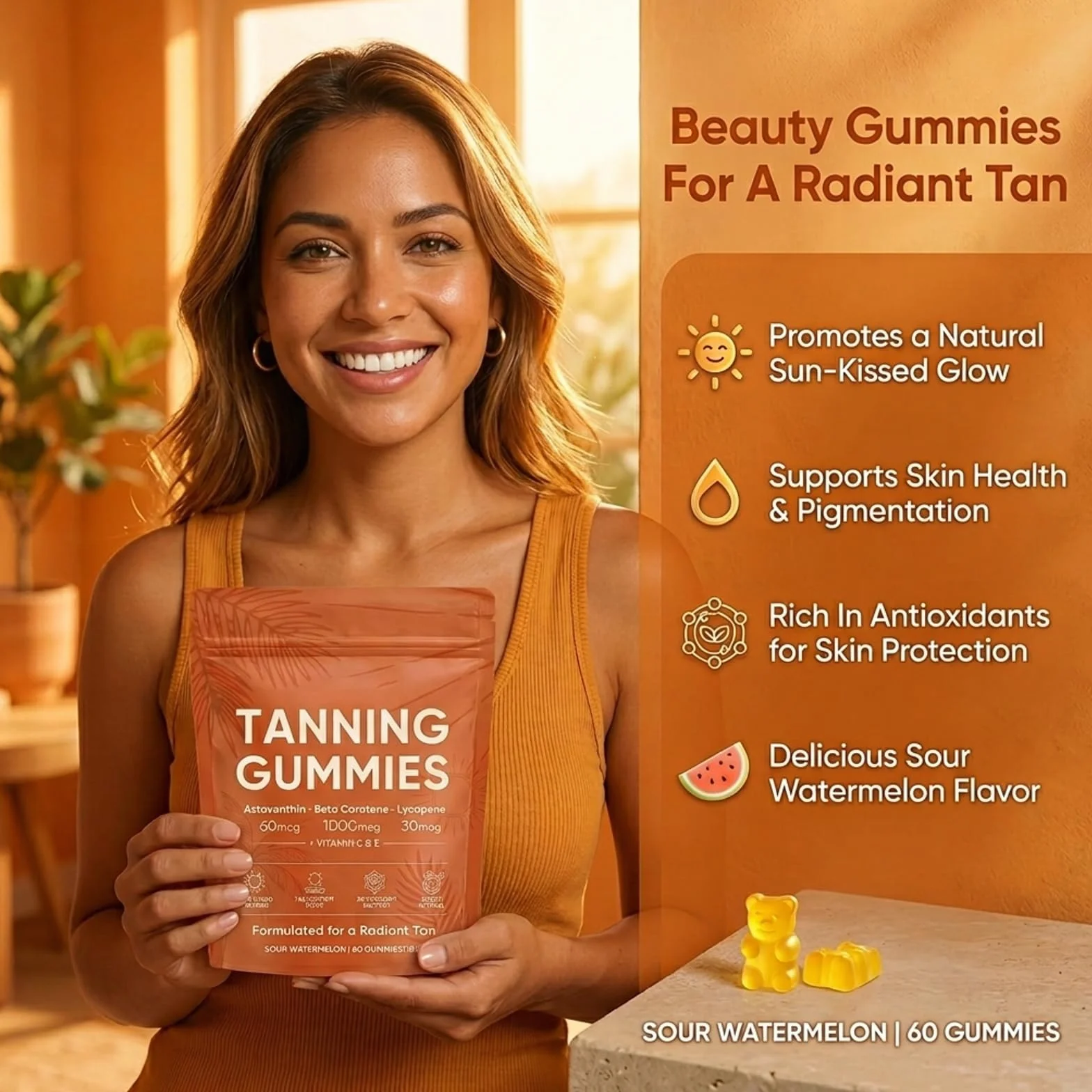 Gummies Abbronzanti da Donna, Tanning Gummies Women, Abbronzatura Rapida Senza Sole, Astaxantina, Miscela di Beta-Carotene e Licopene, Luminosità e Idratazione Della Pelle per un Bagliore Naturale (3)