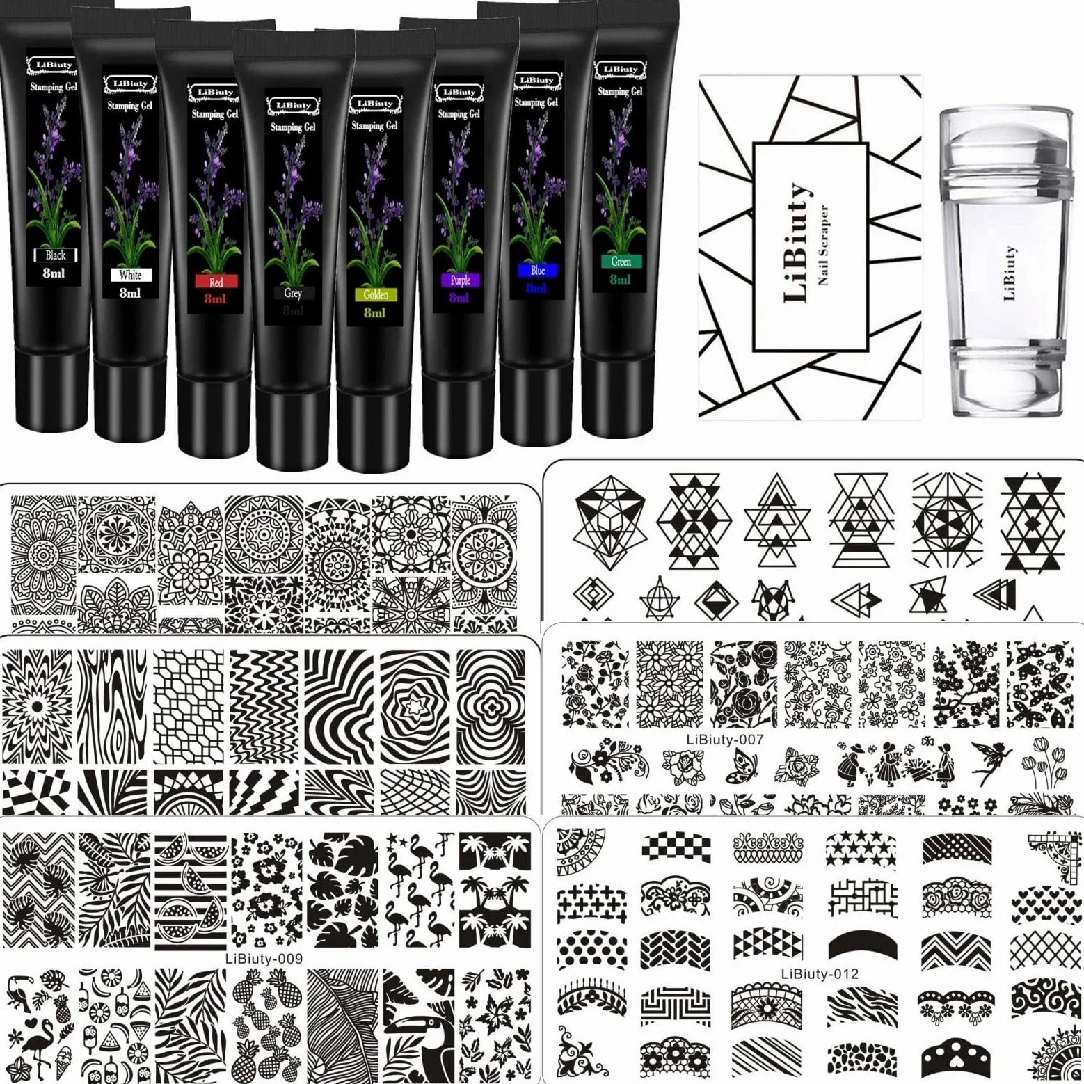 Kit di timbri per unghie, 6 pezzi, piastre geometriche in pizzo con fiori francesi, stencil per unghie con raschietto per timbri per casa, salone, manicure, accessori di design