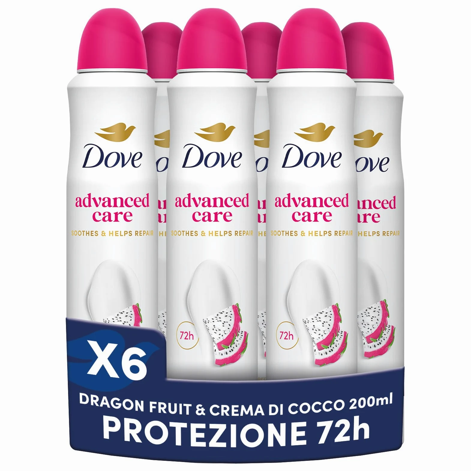 Dove Deodorante Spray Advanced Care Dragon Fruit & Coconut Cream, Deodorante Antitraspirante 72 Ore Protezione Sudore e Odori, con Formula Idratante e Delicata sulla Pelle, 6 Pezzi da 50 ml