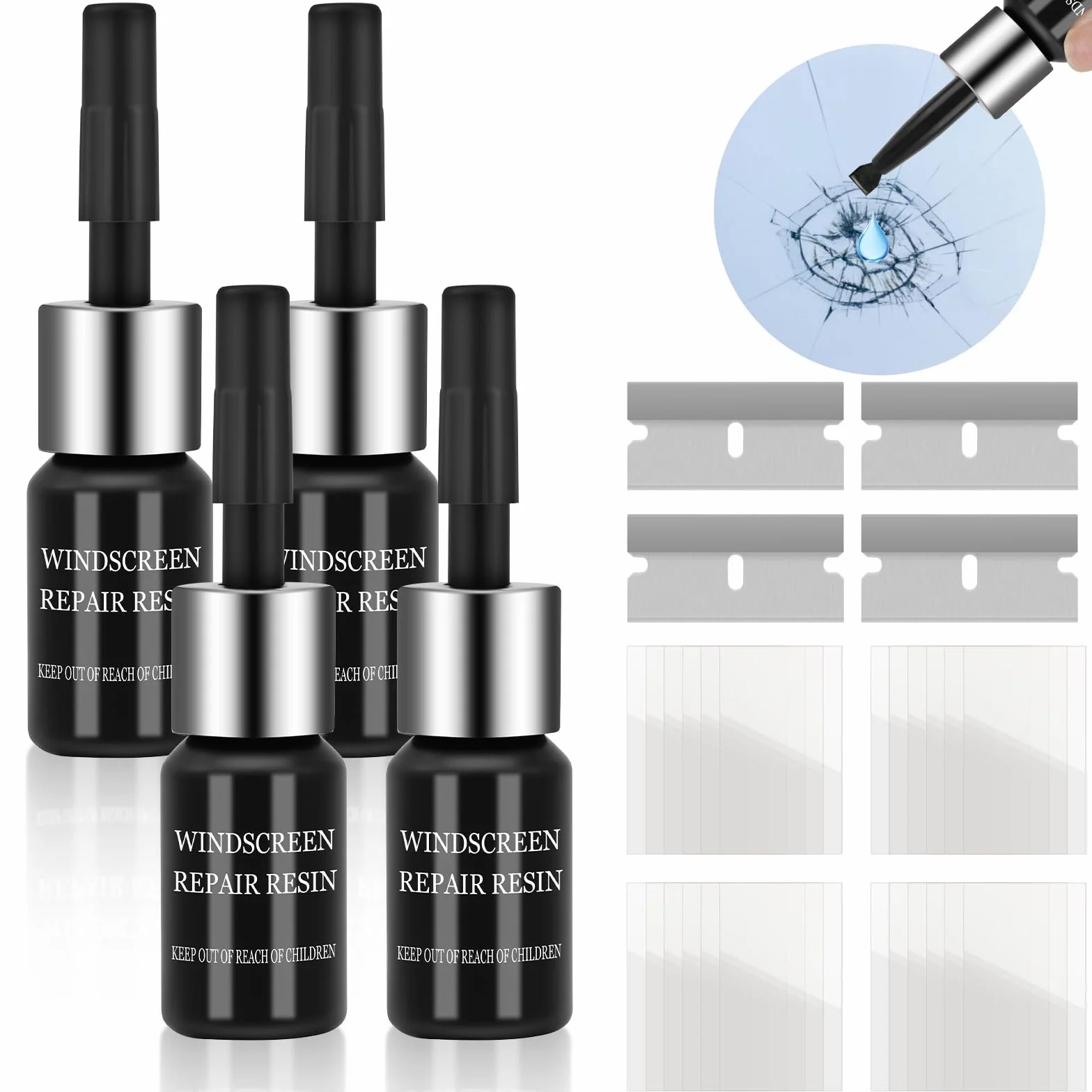 Flintronic Kit Riparazione Parabrezza Auto 4 Pezzi, Liquido Riparazione Vetri, per Incrinature Scheggiature Fessure Graffi