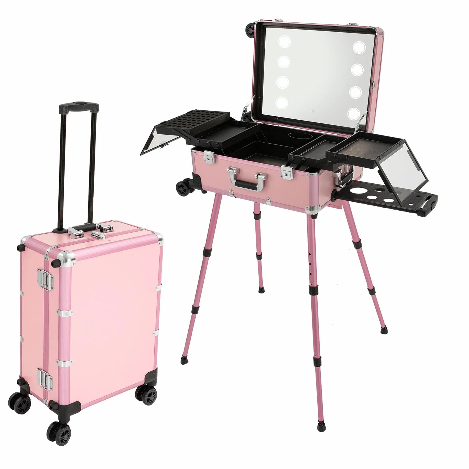 Rolling Makeup Train Case, valigetta per cosmetici in alluminio con luci da specchio, grande trolley per trucchi, organizer per unghie, Colore: rosa., Trolley valigetta cosmetica