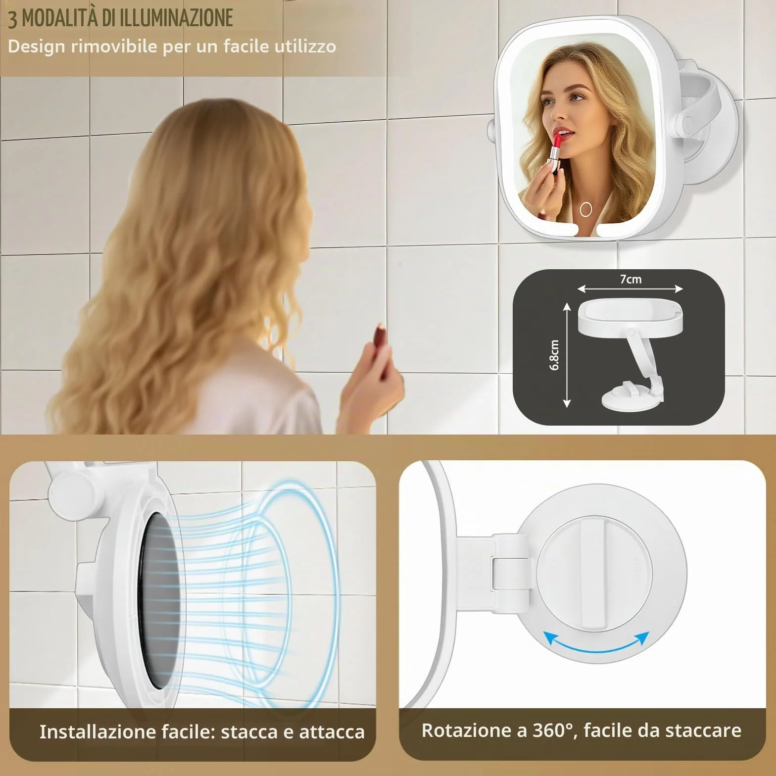 Specchio ingranditore con ventosa 30X/1X doppia faccia illuminazione 3 modalità regolabile per bagno viaggio