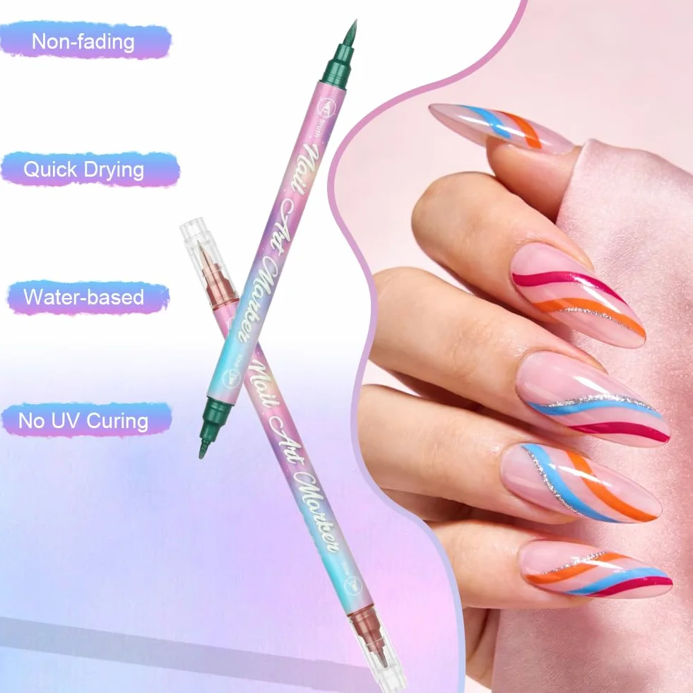 AOOWU Penne per Nail Art, 10 Penne Smalto per Unghie Nail Art, Smalto in Penna per Pittura Decorazioni Unghie per Disegno, Penna per Fai Da te Graffiti Pen Manicure Strumenti Bellezza（Bicefalo）