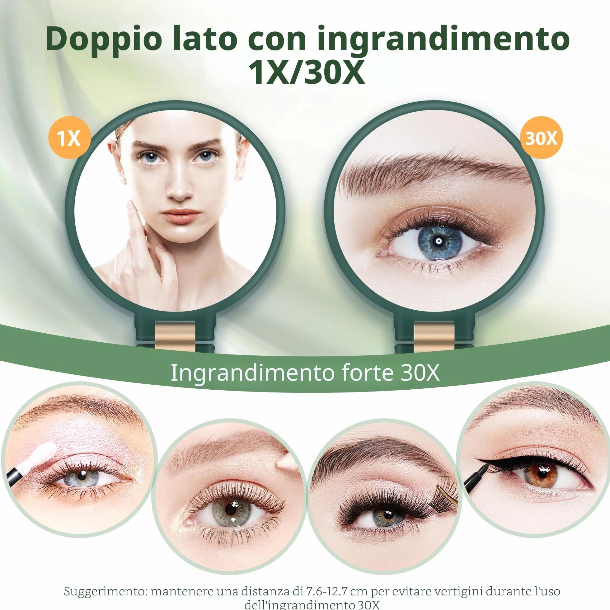 MIYADIVA Specchio ingranditore portatile doppio lato 30X/1X manico regolabile 360° verde