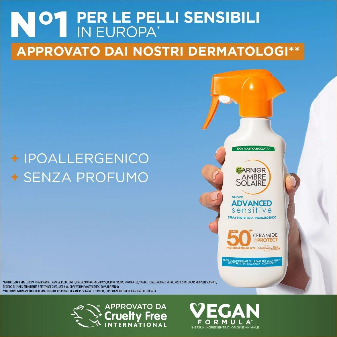 Garnier Ambre Solaire Advanced Sensitive Spray Gachette Protettivo Ceramide Protect SPF50+, 270 ml