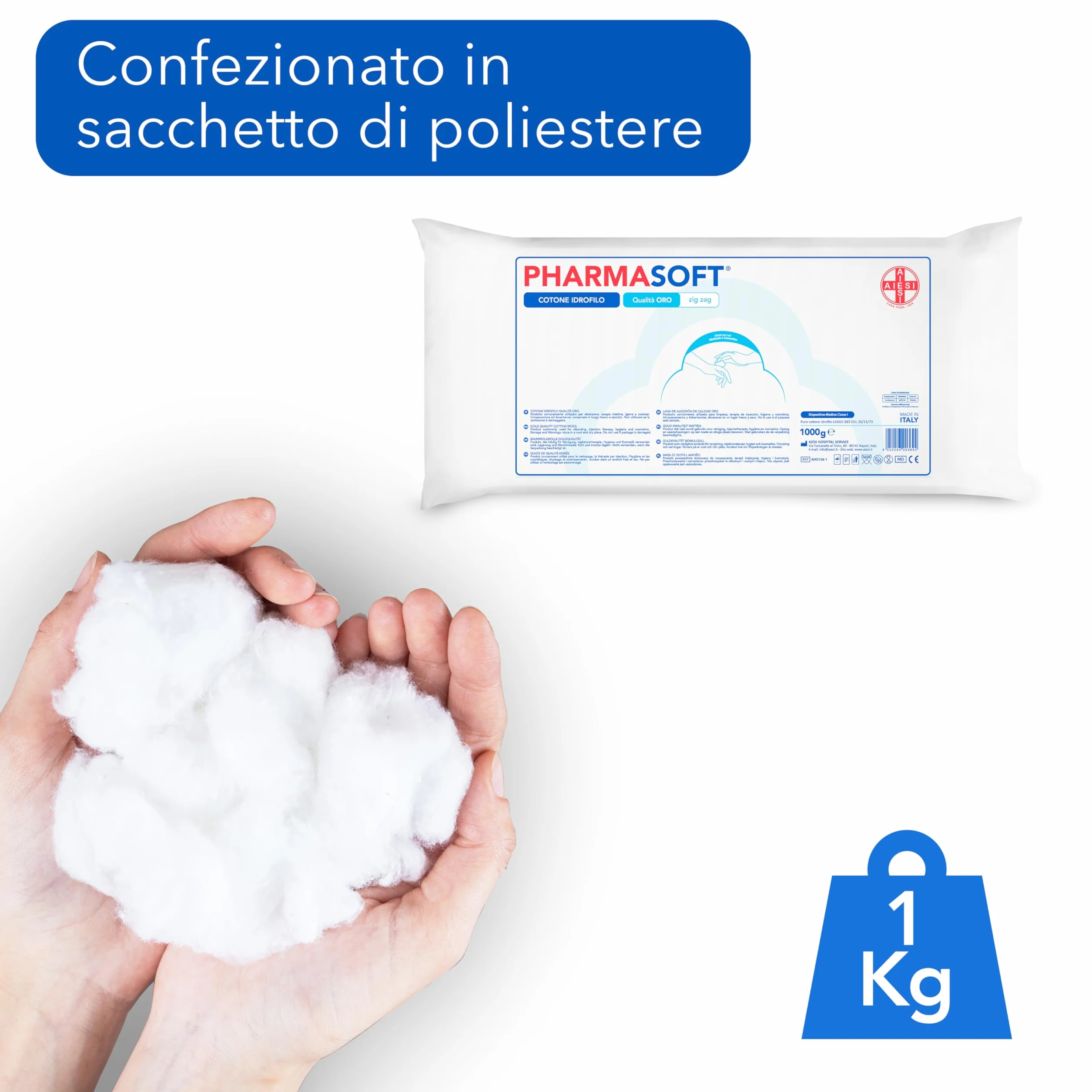 AIESI® Cotone idrofilo (1 kg) qualità oro a zig zag per uso sanitario PHARMASOFT, Made in Italy