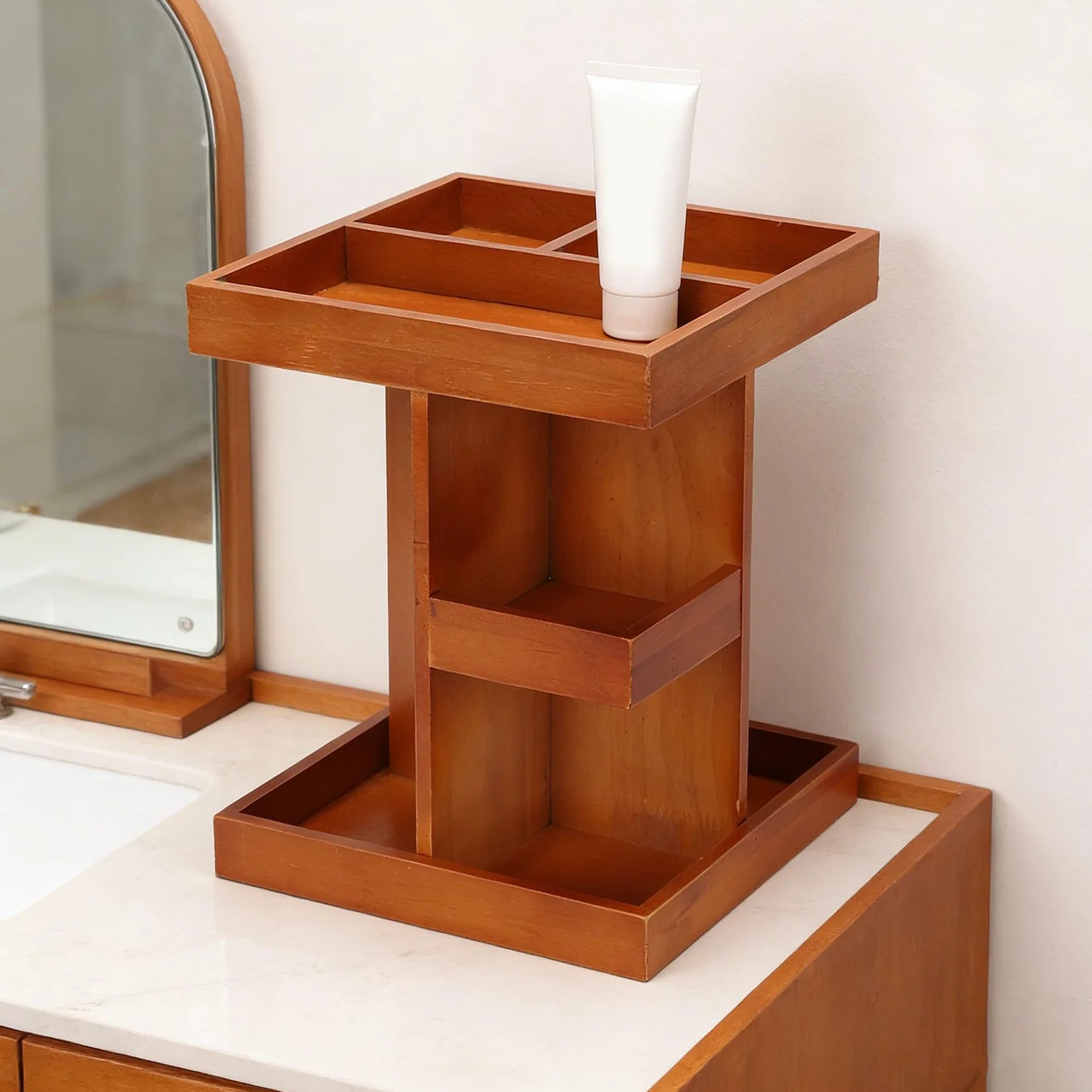 Organizzatore Girevole per Trucchi, Scaffale da Scrivania in Legno Girevole a 360 Gradi, Espositore per Cosmetici con Scomparti Multistrato per Cura della Pelle, Trucco, Profumi, Camera da