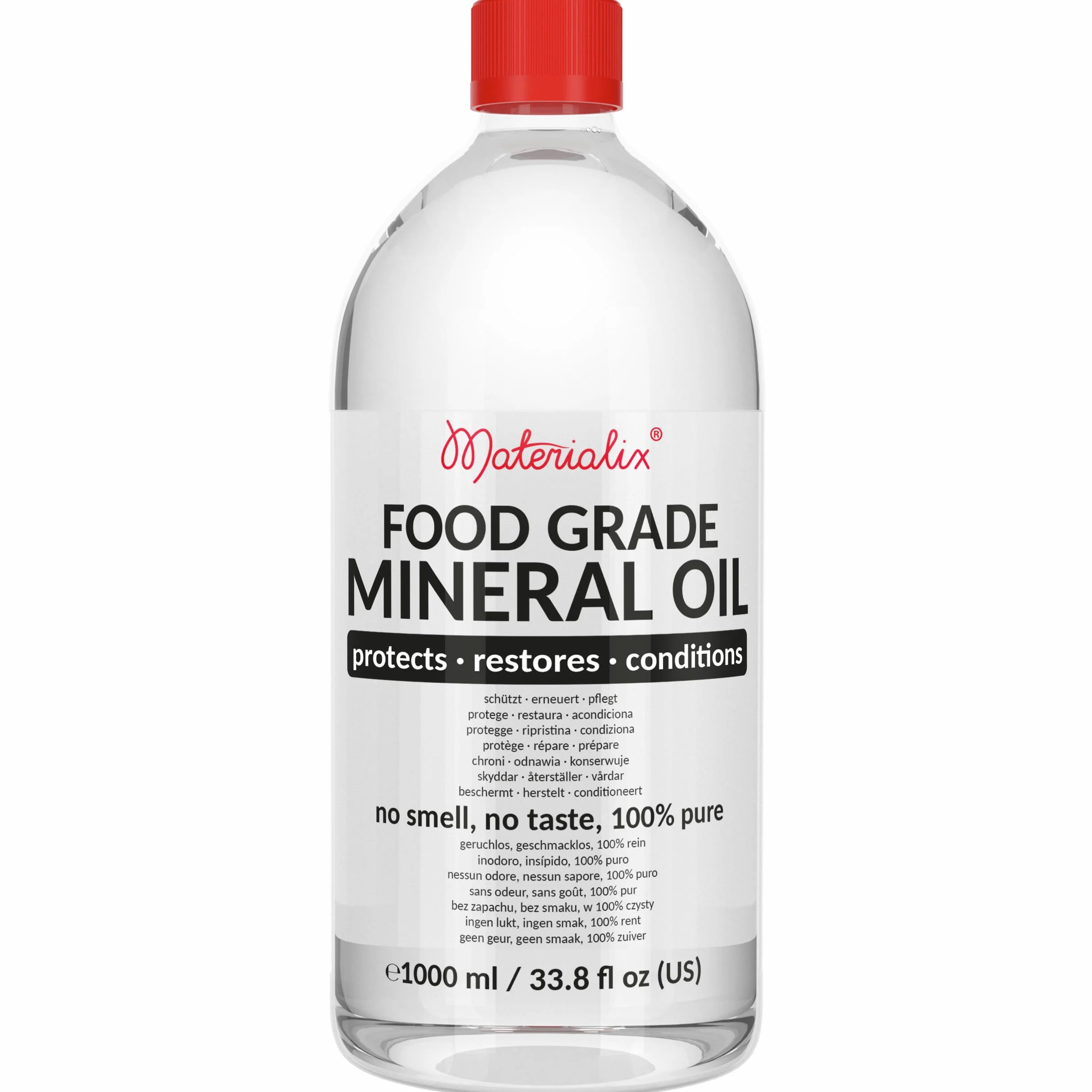 Materialix Olio minerale per uso alimentare (1000ml) - adatto per legno, bambù, pietra, ardesia, cosmetici fai da te, balsami, creme, lozioni, cura dei capelli, prodotti da bagno, unguenti.