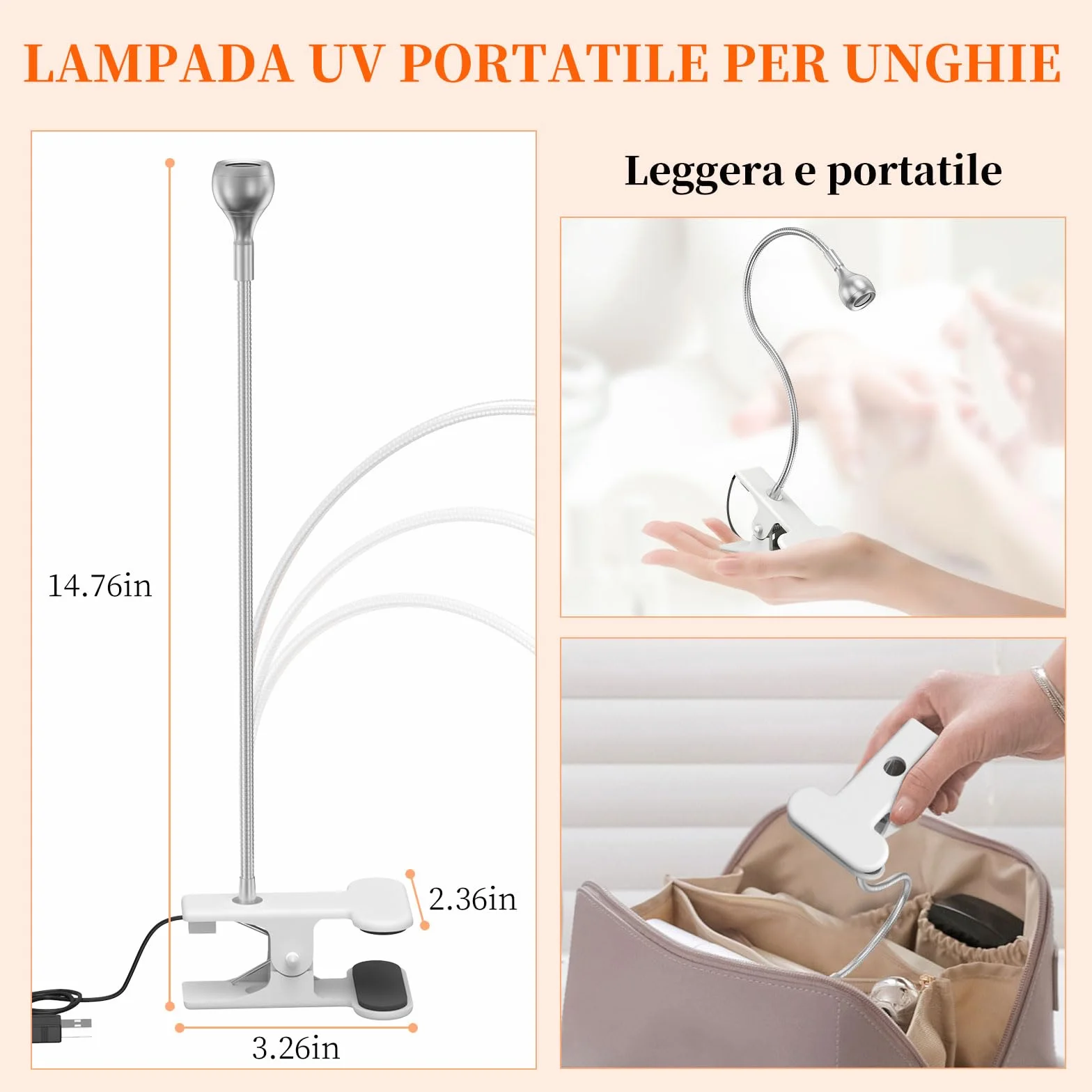 Lampada UV per Unghie Professionale 3W LED Mini 360° Testa Regolabile USB Argento