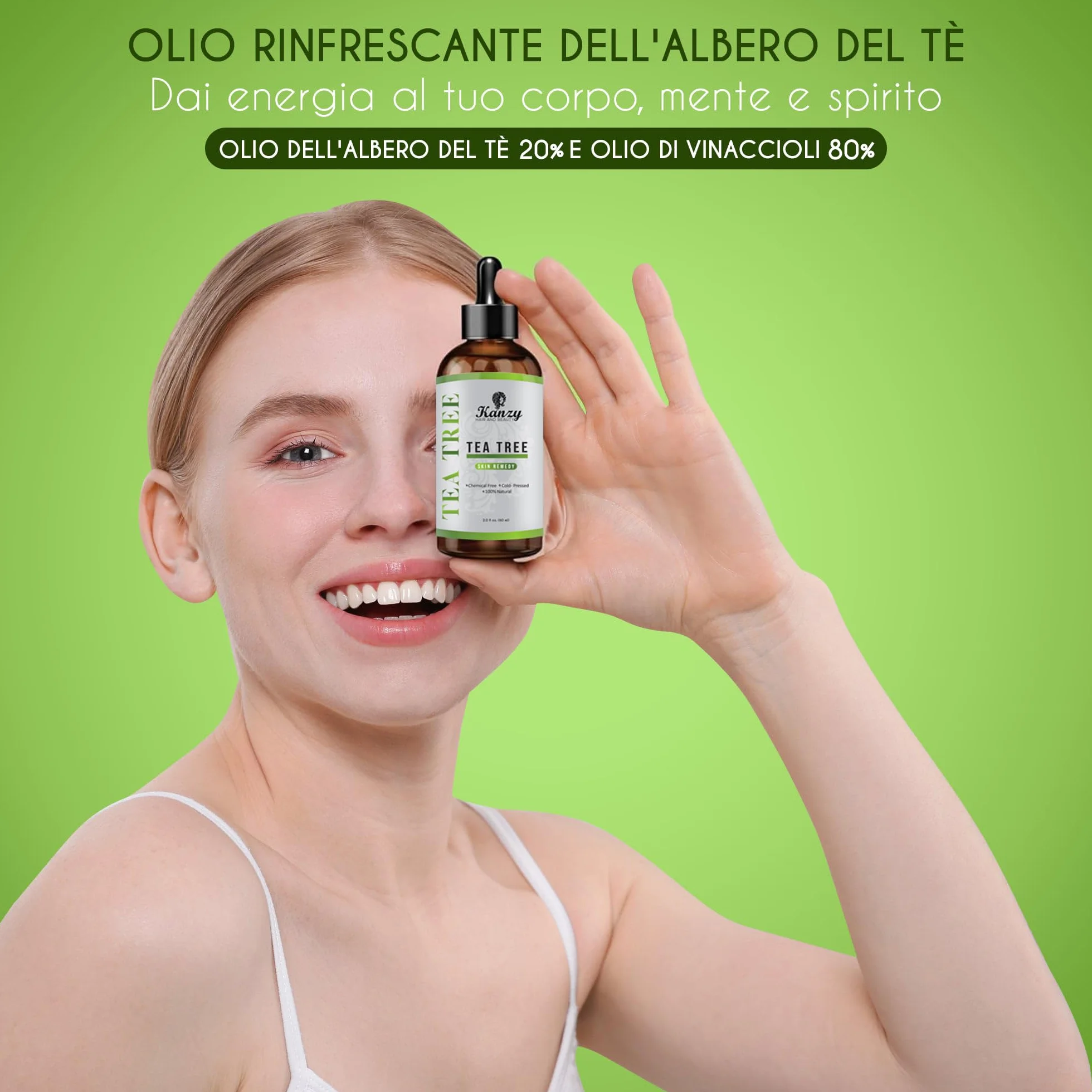 Kanzy Tea Tree Oil 60ml Olio Essenziale per Viso, Corpo, Capelli e Aromaterapia