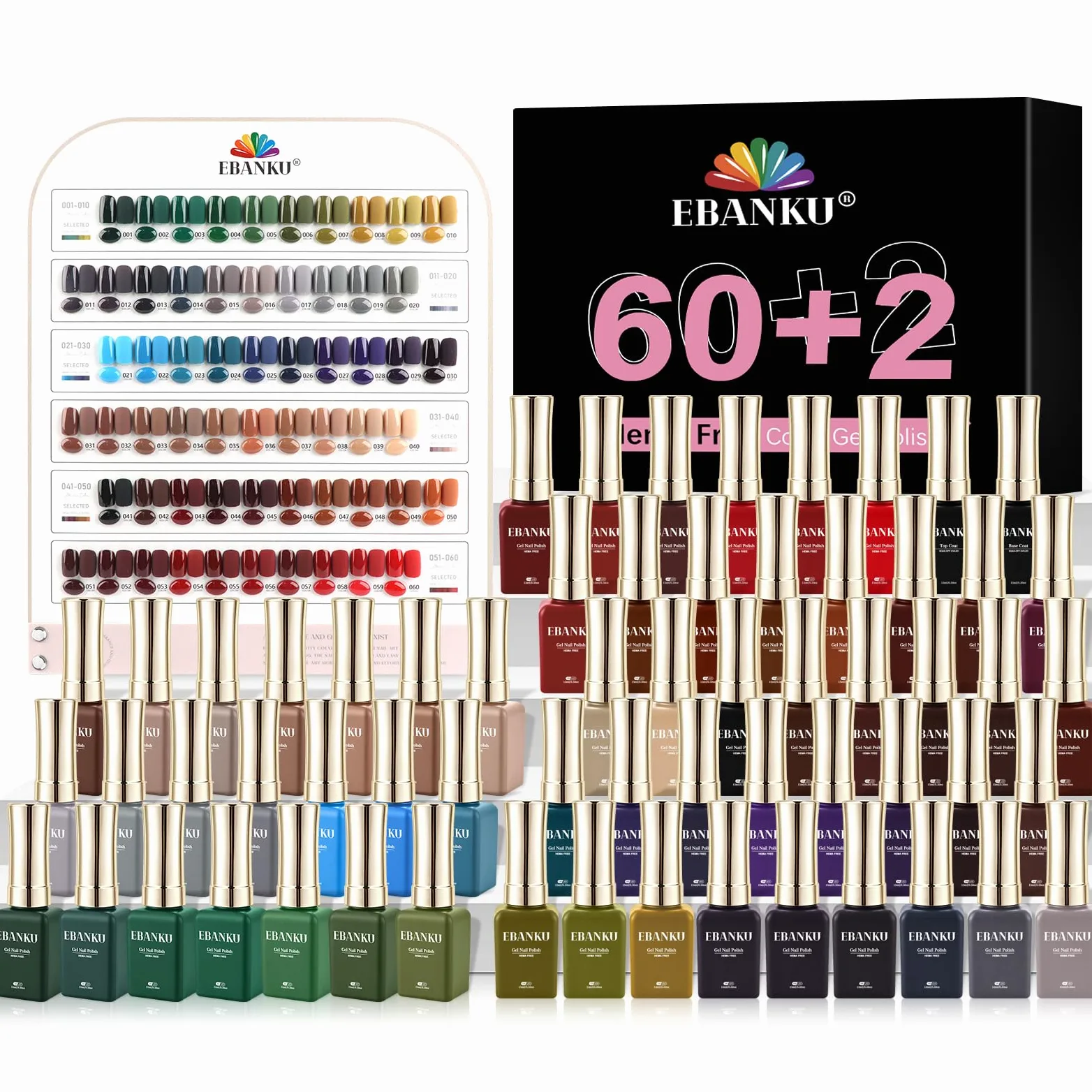 EBANKU 60 Colori 15ML Smalto Gel Set Hema-Free Stesso Colore Flacone | Smalto Semipermanente per Unghie con 2PCS Base e Top Coat, Lunga Durata per Manicure a Casa