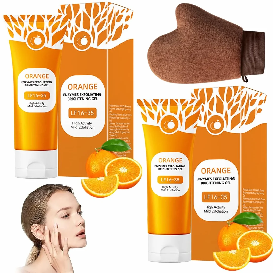 GXGM 2 Pezzi Orange Exfoliating Gel lf16-35,Gentle Exfoliating Orange Detergente Viso,Rimuove le Cellule Morte Della Pelle, Migliora la Consistenza Della Pelle,Con Guanti Floccati Marroni