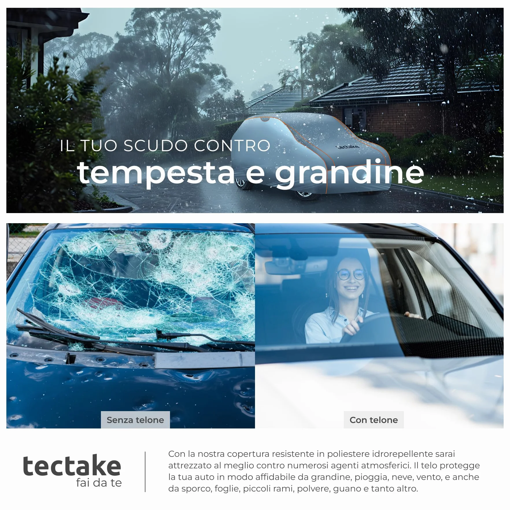 Copriauto Antigrandine Impermeabile Strato Gommapiuma 4 mm 3 Cinghie Tensione Regolabili L (483x178x120 cm)