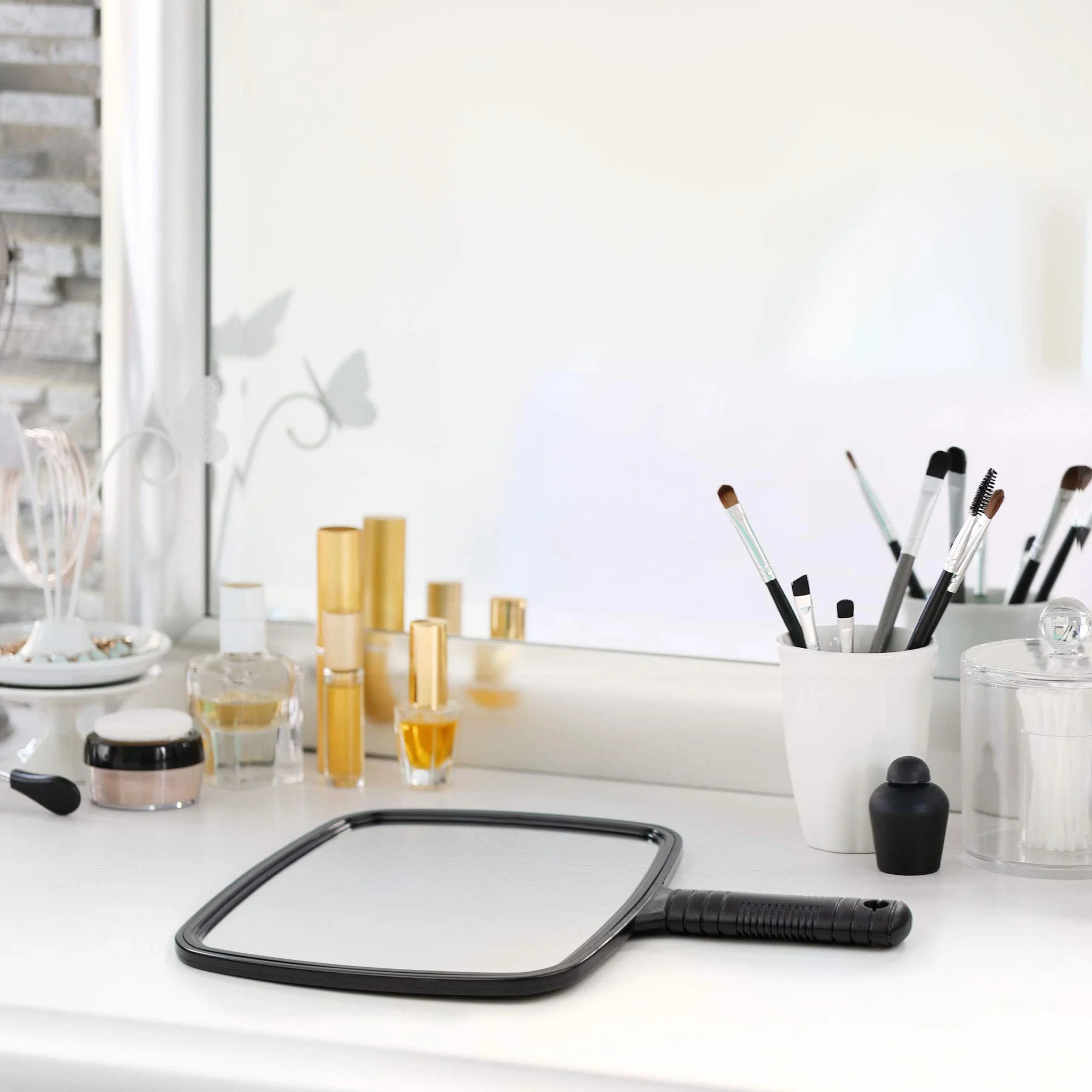 TRIXES Specchio Portatile Professionale per Salone Parrucchiere Barbiere con Manico - Specchio Trucco Portatile Grande e Comodo - Specchietto Dentista - Nero