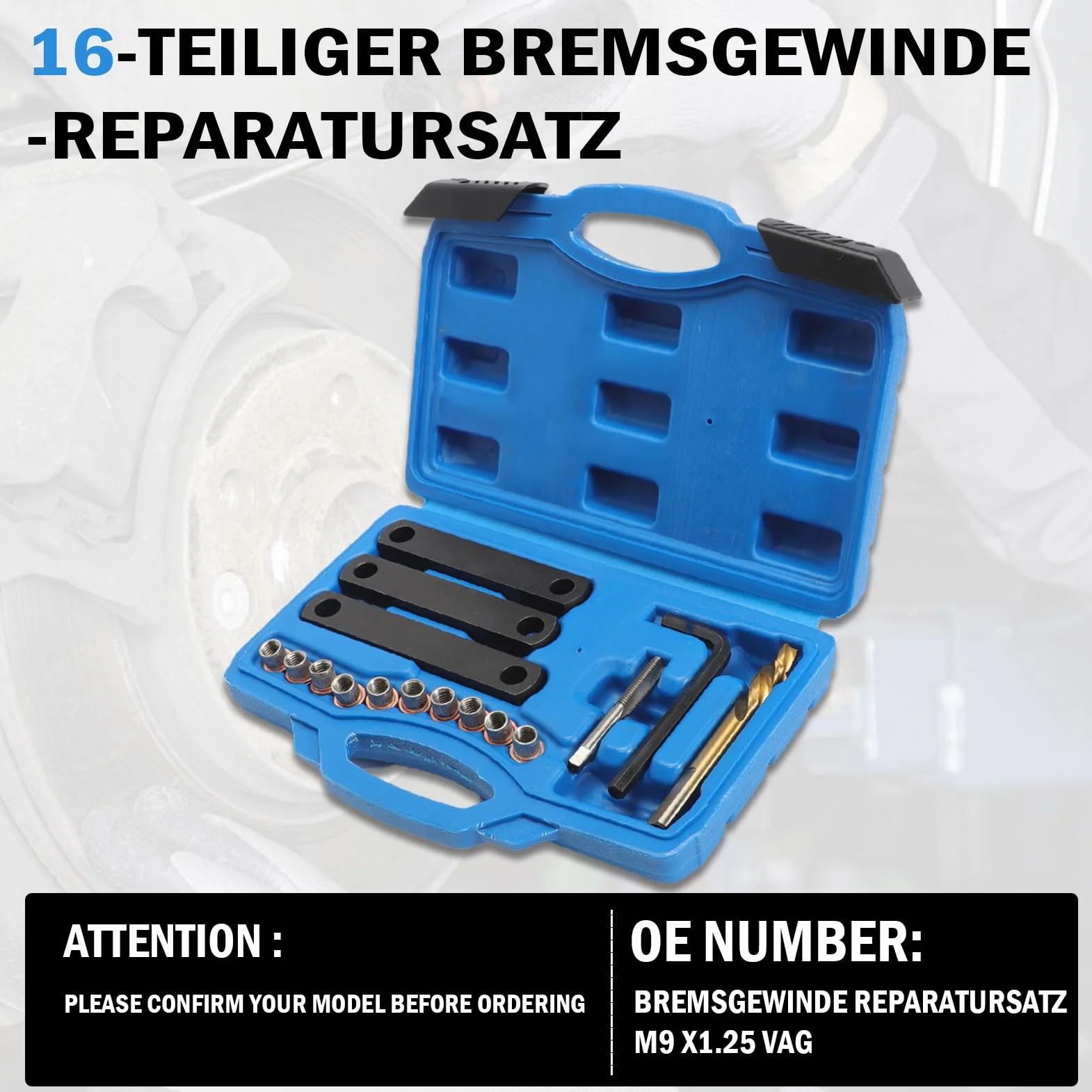 Kit di Riparazione Filettatura Freno M9 x1,25 16 Pezzi Compatibili con VW Opel Ford