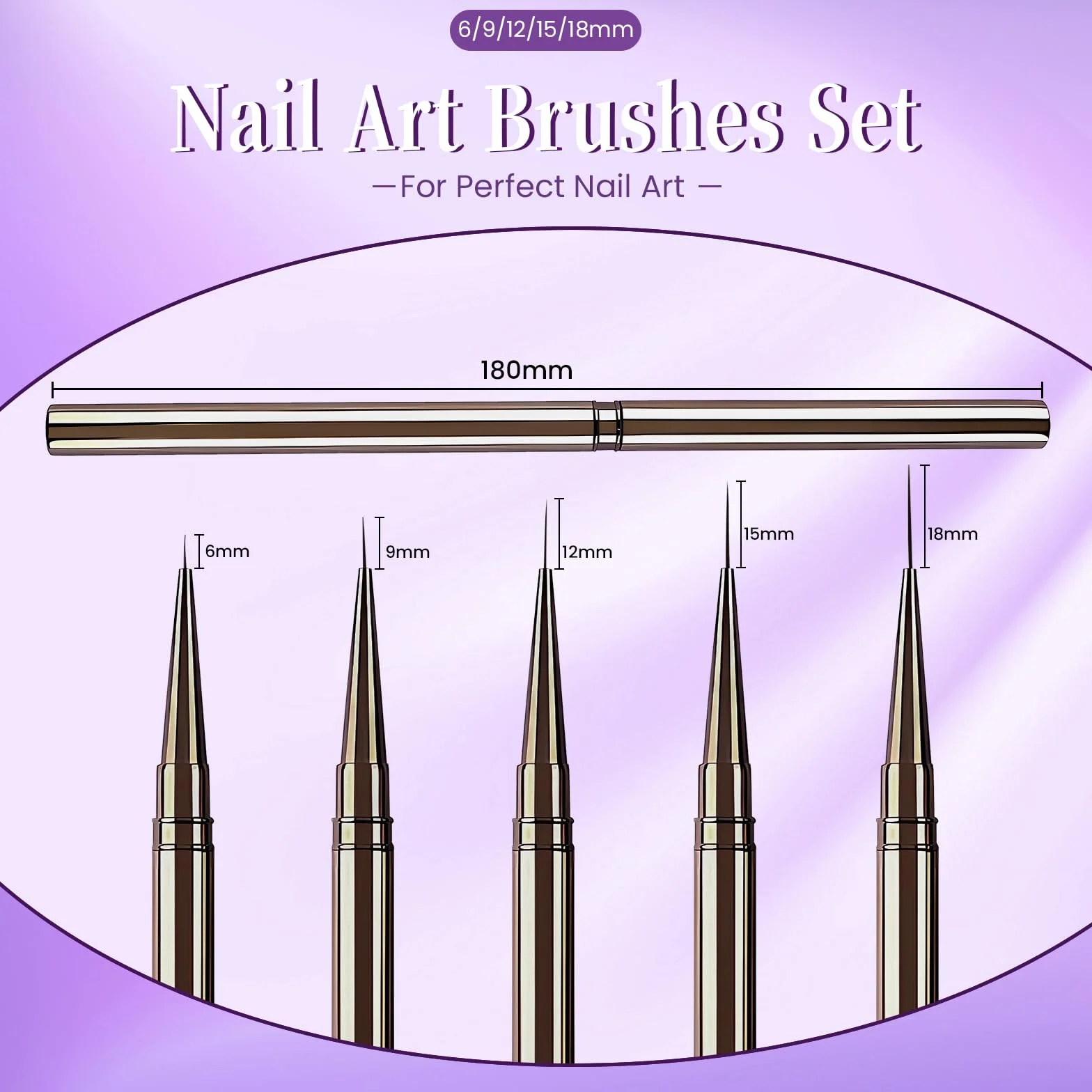 Lokaloka 6/9/12/15/18mm Pennelli Unghie Gel Sottile Nail Art Professionali con Tappo, 5 Pezzi Pennello French Penna Pennellino Set per Ricostruzione Acrigel Semipermanente