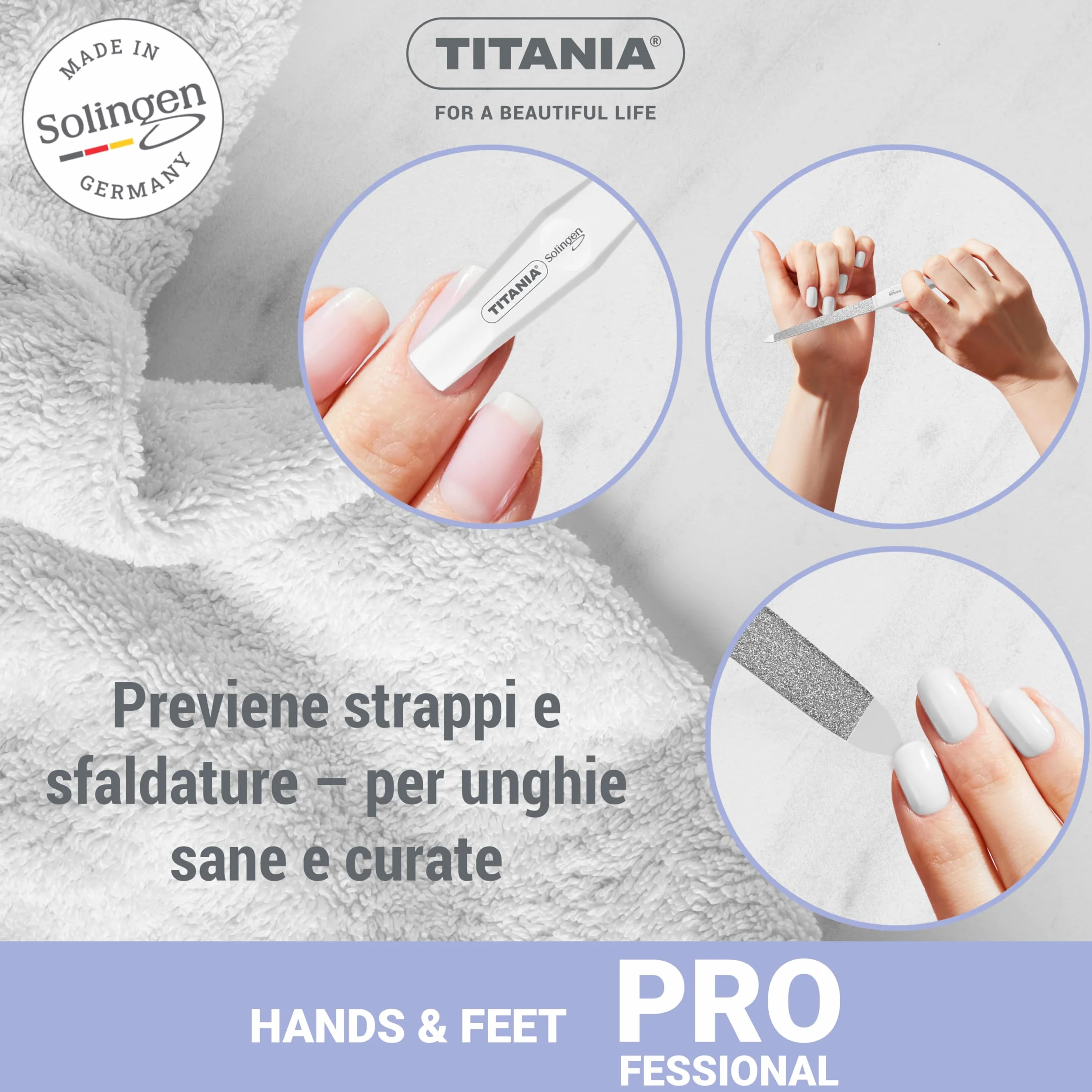 TITANIA® Solinger Saphir - Set di 4 lime per unghie professionali (12/15/17/20 cm) con manico bianco - Lima per unghie e unghie naturali - Lime di alta qualità per manicure e pedicure