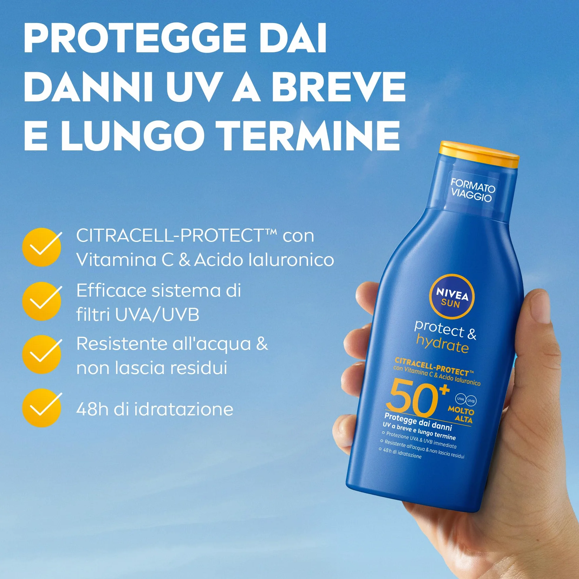 NIVEA SUN Protect & Hydrate SPF 50+ Crema Solare 100 ml Viaggio Idratante 48h Assorbimento Rapido Resistente all'Acqua