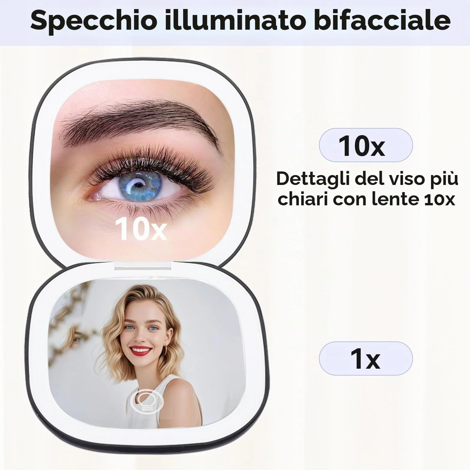 Specchio Portatile con Luce LED Ingranditore 1X/10X Regolabile Luminosità per Trucco Nero