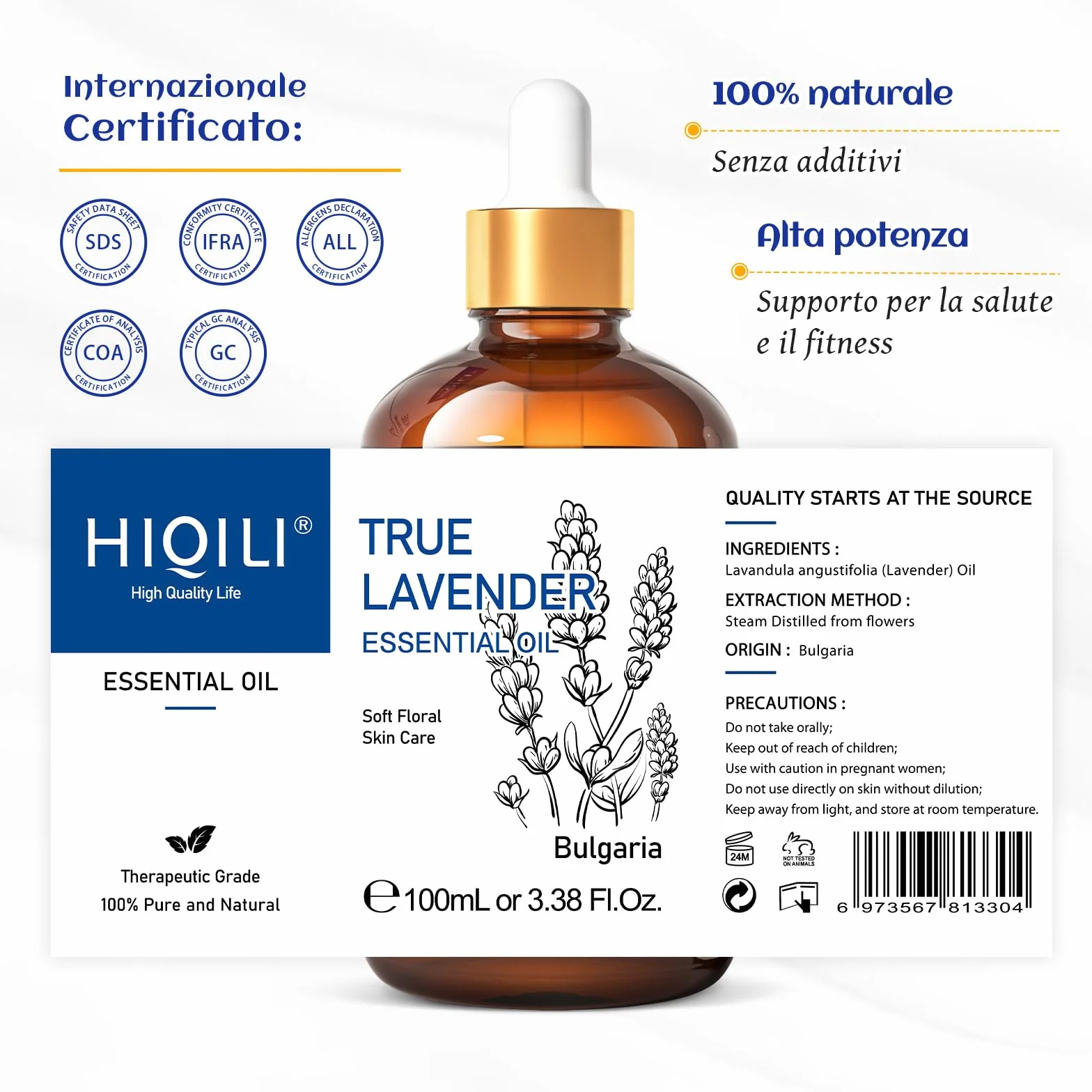HIQILI Olio Essenziale Lavanda 100ml 100% Puro Non Diluito Grado Terapeutico per Diffusore Aromaterapico