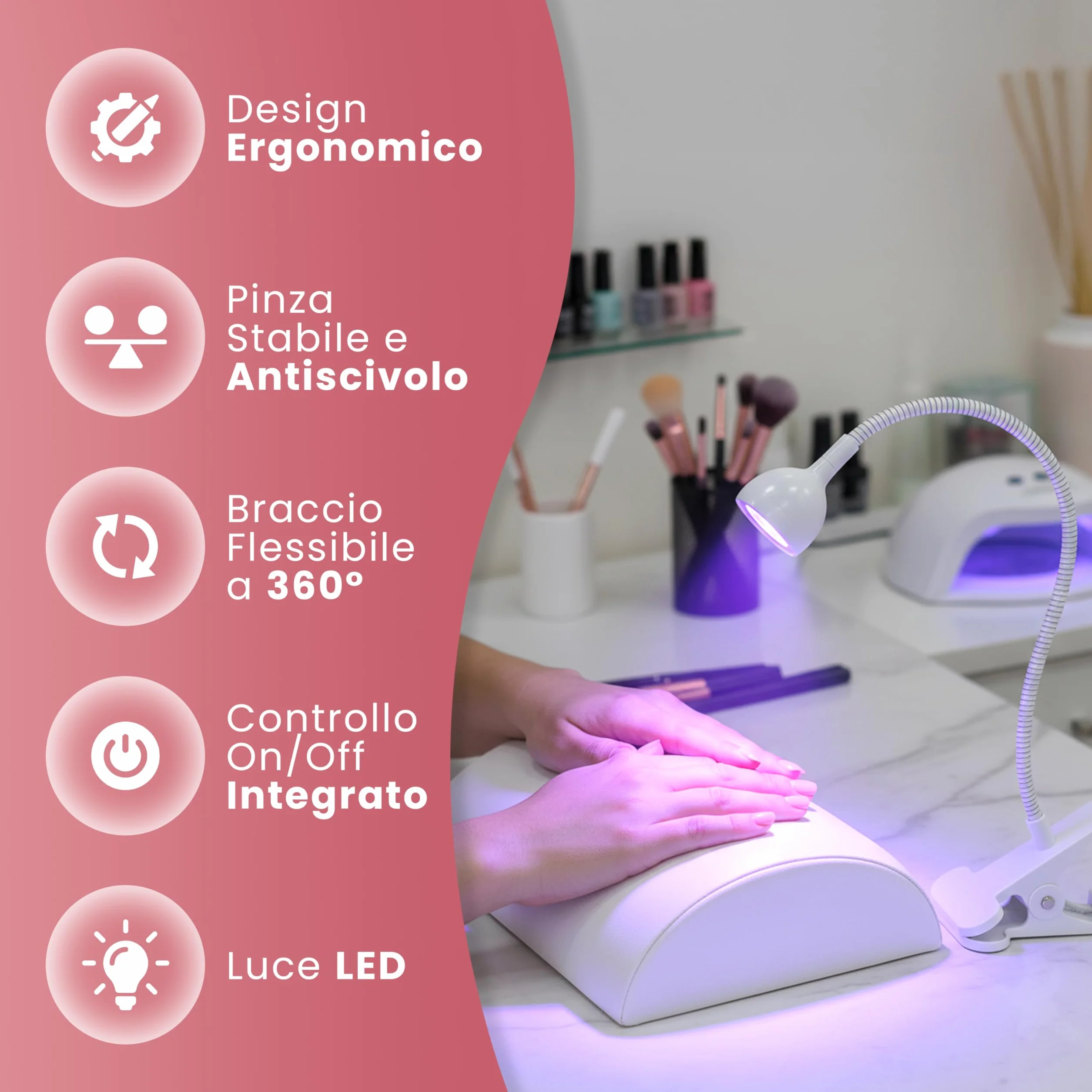 Lampada UV LED Unghie con Clip da Tavolo, Mini Lampada Portatile per Semipermanente e Nail Art, Braccio Flessibile Rotazione 360°, Pulsante On/Off sul Cavo, Luce per Manicure da Casa
