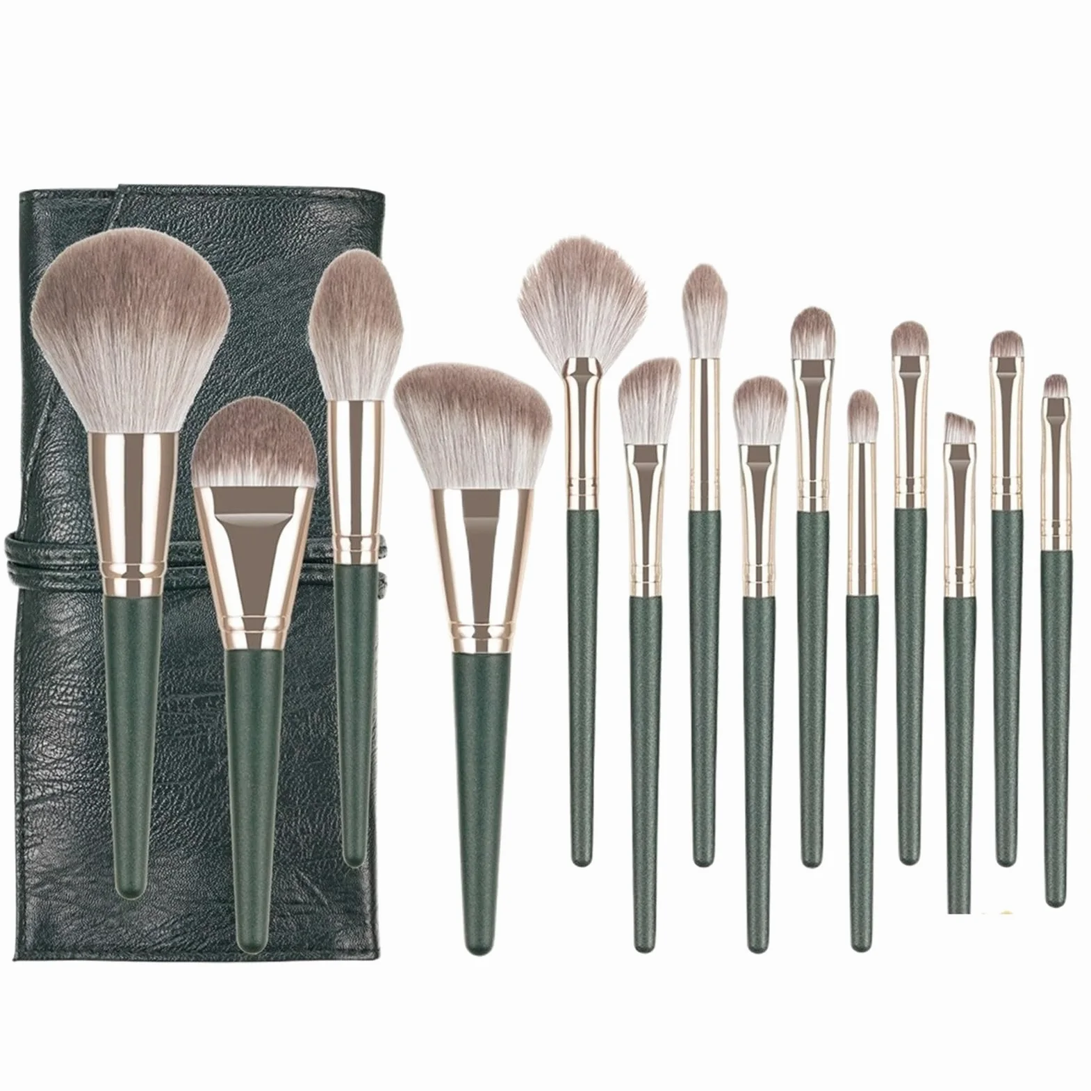 Set di pennelli Set di pennelli cosmetici Qingluo Green Cloud - Opzioni multi-specifiche da 10 e 14 pezzi, strumenti for trucco professionale(Color2 with bag)