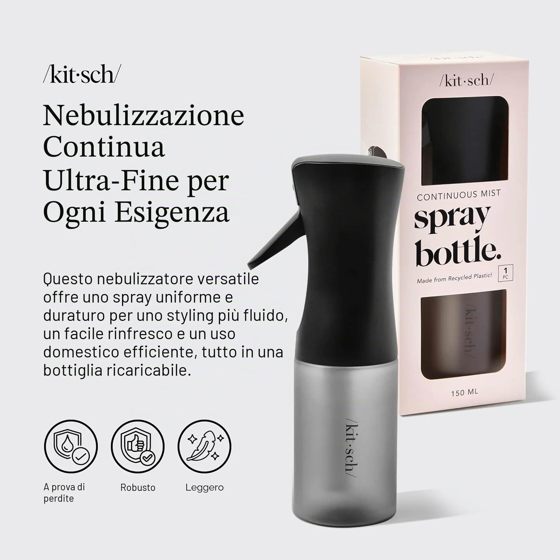 Kitsch Flacone spray continuo per capelli – Nebulizzatore d'acqua a nebbia fine – Flacone spray per capelli riciclato – Flaconi spray per pulizia, styling, piante e altro – Nero, 150 ml