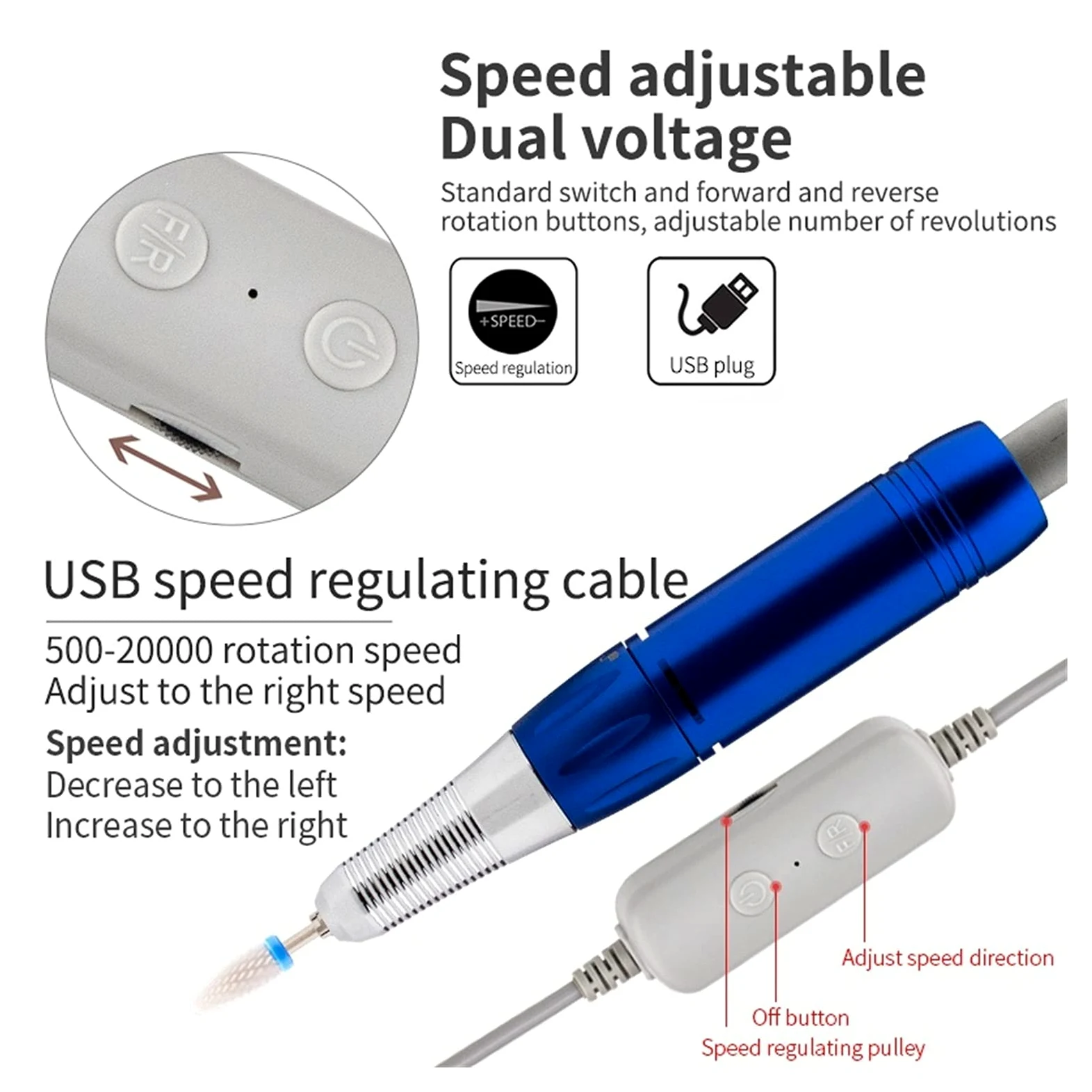 Trapano per Unghie Electric 20000. RPM. Macchina per Unghie per Trapano a Penna 5W Facile trasportare Portatile per Uso Domestico 500 0RPM 5. Colori USB Cavo Mini(Noir)