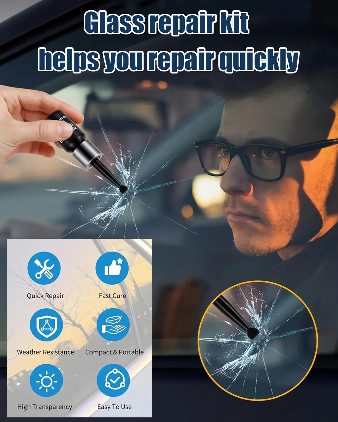 Kit Riparazione Parabrezza Auto, Liquido e Colla per Riparazione Crepe Vetro