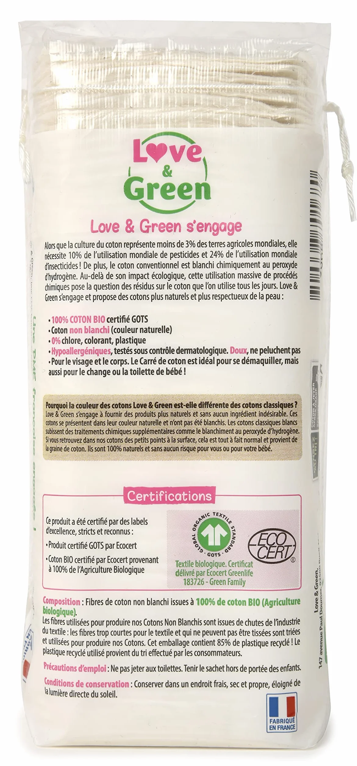 Love & Green Bio - Cotone quadrato, 1 confezione da 60 pezzi