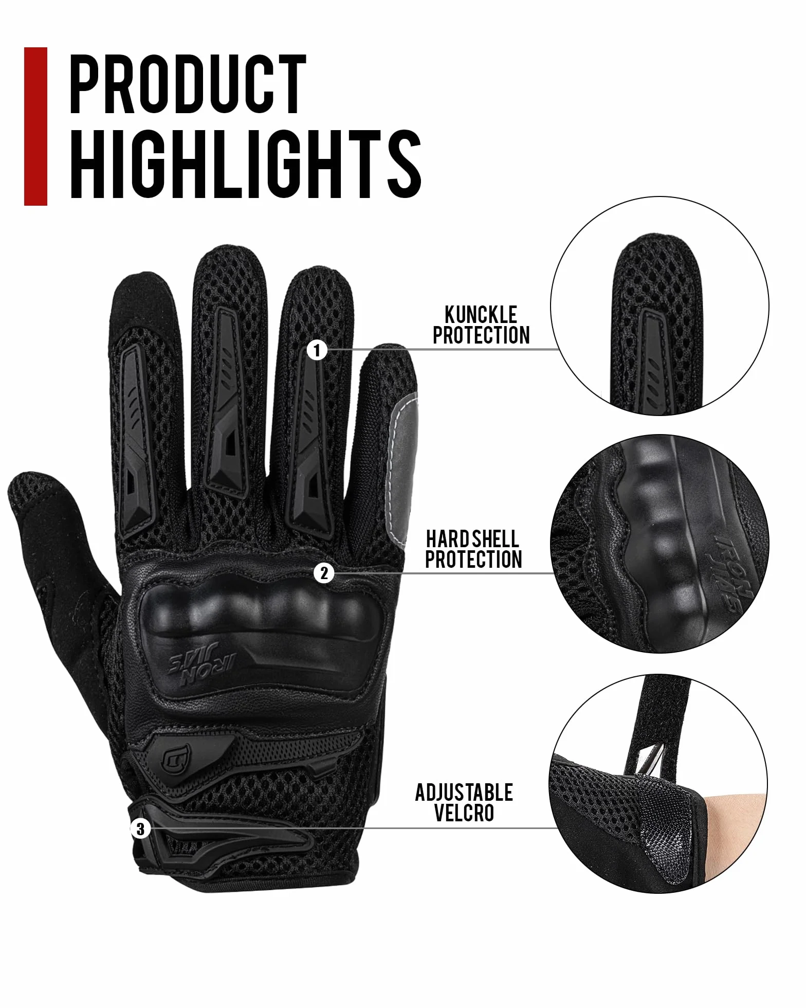 Guanti Moto Uomo Estivi Touch Screen Leggero Impermeabile Traspiranti Protezione Guscio Duro Resistente Usura Nero