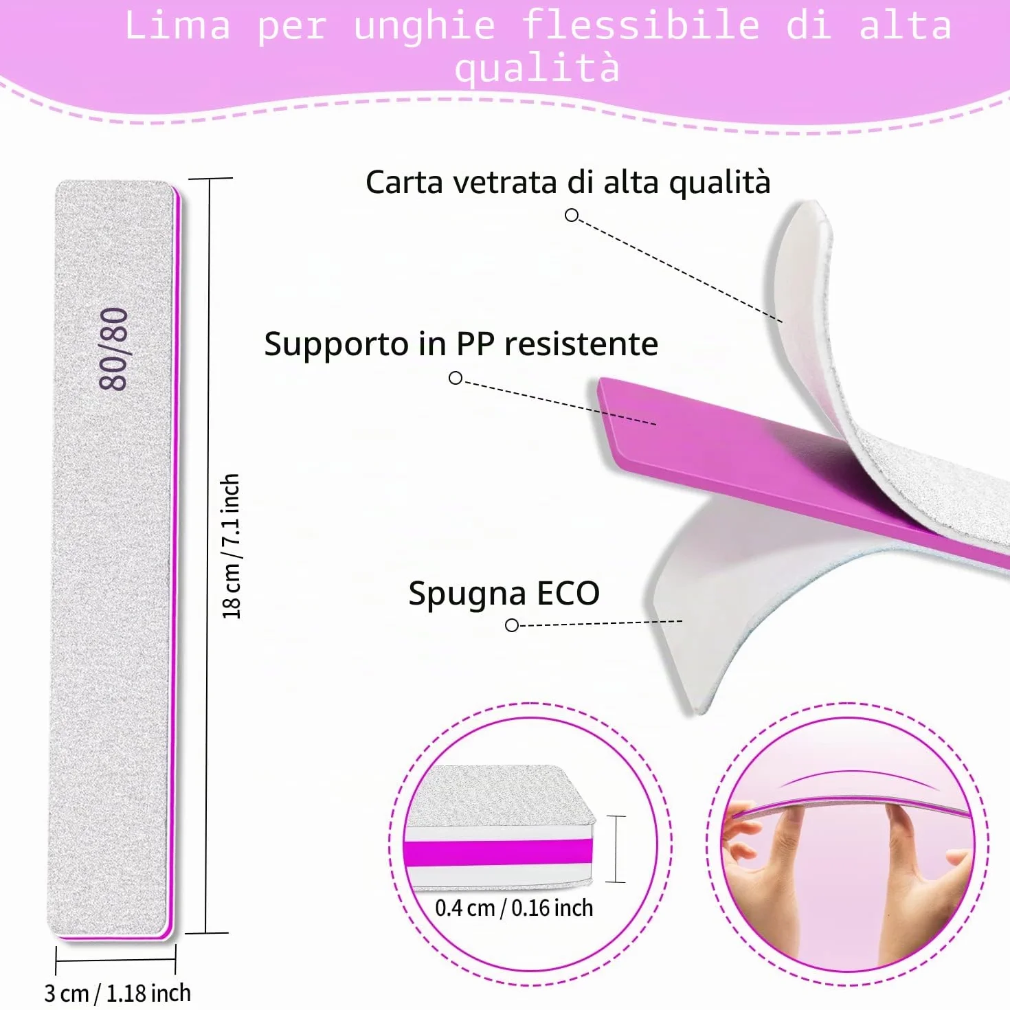 Grana 80/80 Lime per Unghie, 12 Pezzi Lima per Unghie Professionale, Lime Unghie Bifacciali per La Cura E Lo Styling Delle Unghie, Lima Unghie per L'Estensione Delle Unghie in Polietilene in Salone