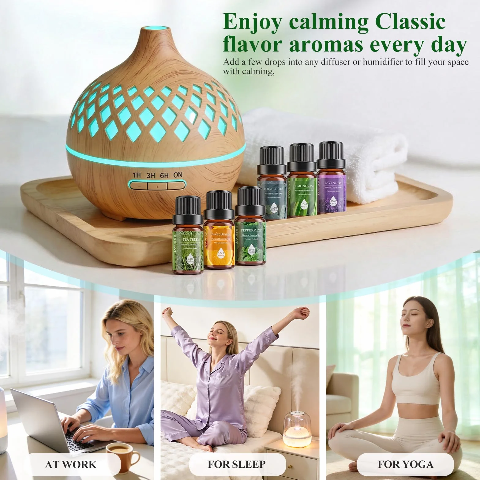 Oli Essenziali Set per Diffusore 6x10ML Aromaterapia Lavanda Menta Piperita Eucalipto Arancia Dolce Tea Tree Lemongrass