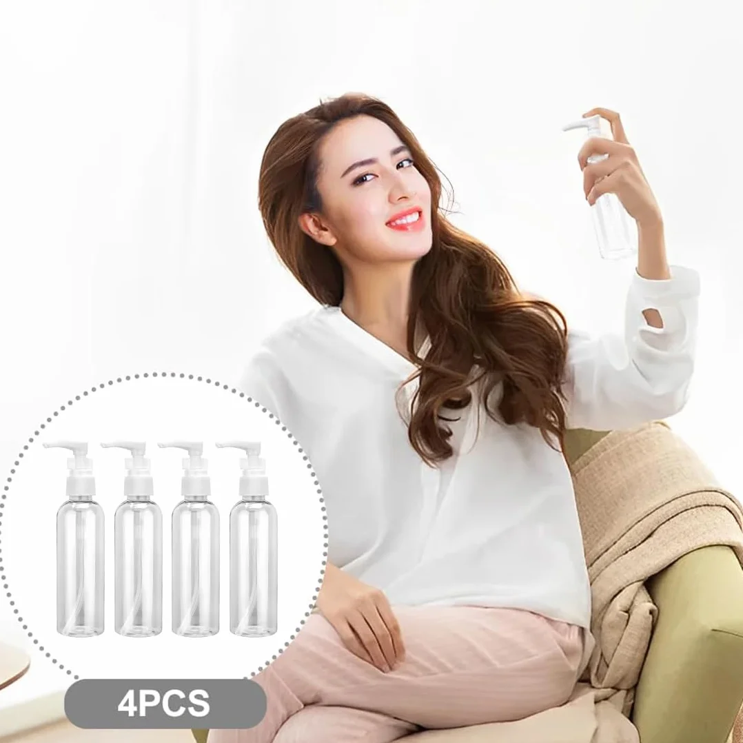 4 Pezzi Flaconi da Viaggio, 100 ml Bottiglie da Viaggio Trasparenti, Pompa da Viaggio in Plastica Dispenser, Boccette Contenitori Ricaricabile, per Cosmetici, Lozione, Bagno, Shampoo Liquidi