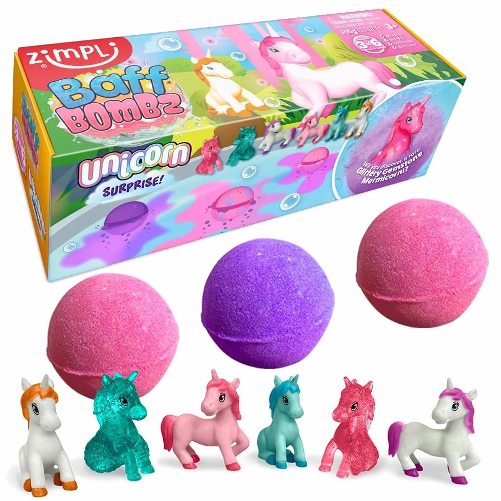 ZIMPLI - 3 x Grandi Bombe da Bagno Unicorno a Sorpresa, 1 di 6 Giocattoli Unicorno da Collezionare, Uno per Baff Bomb, Regalo Misterioso con Bomba da Bagno per Bambini, Riempitivi per Calze di Natale