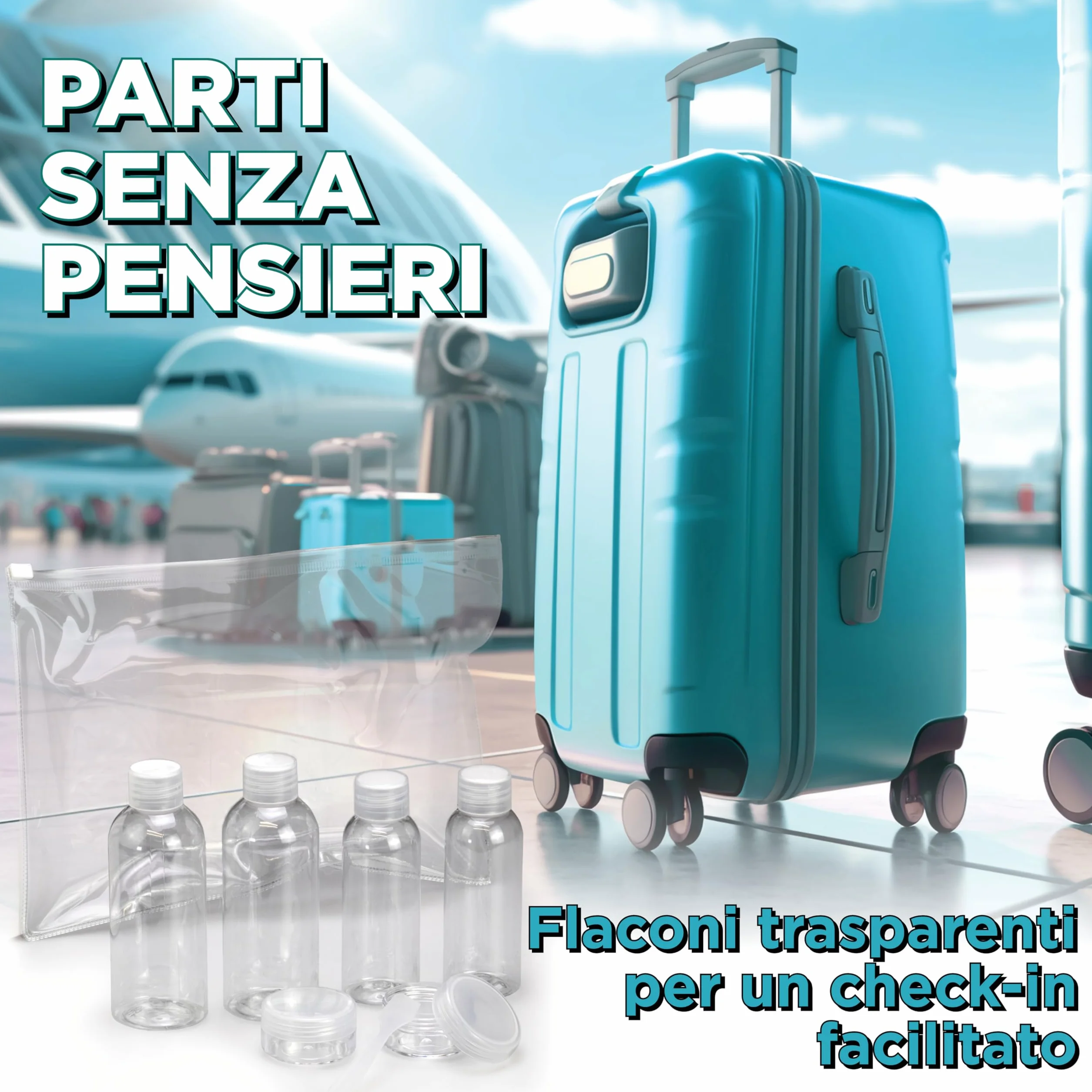 7 PZ Kit Viaggio Liquidi BENESSERE In Linea® - kit Liquidi Aereo - kit viaggio aereo - Travel kit 100 ml - Porta Liquidi da viaggio aereo - 2 flaconi 100 ml + 2 flaconi 50 ml + 2 Porta Crema / Lenti