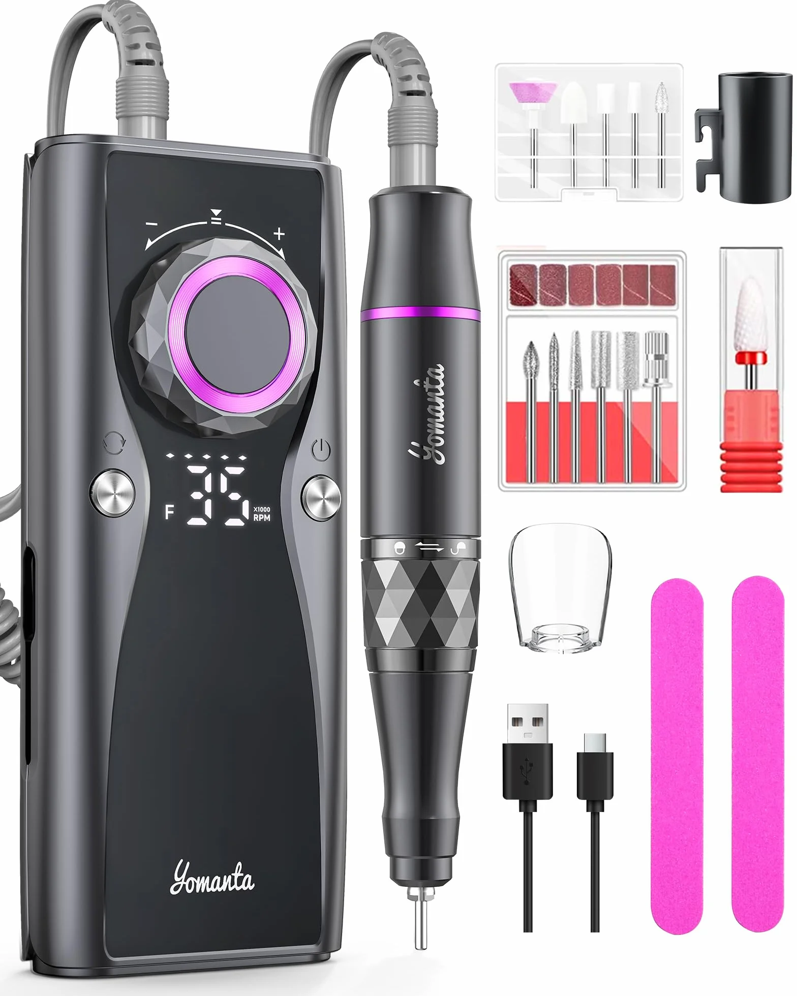 Fresa per Unghie Professionale Ricaricabile Portatile 35000 RPM Schermo LCD lima elettrica per unghie con 12 Testine Iucidanti Velocità Regolabile Manicure Setper Casa e Salone