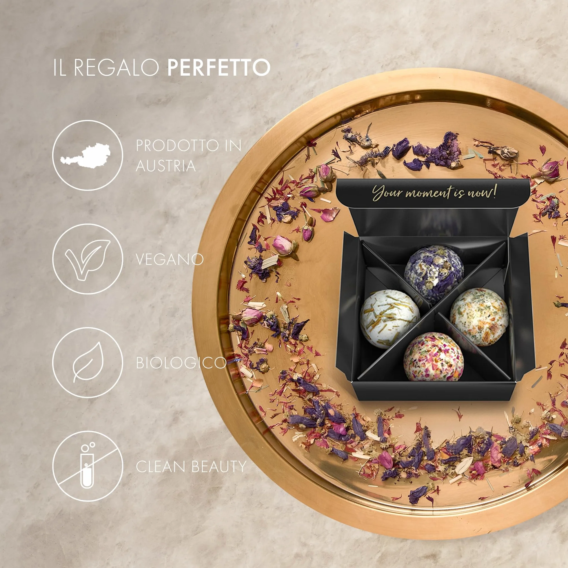 Satin Naturel Cofanetto 4 Bombe da Bagno BIO Lussuose Vegan – Regalo Benessere per Donna – Sfere da Bagno Premium – Idea Regalo Compleanno per Lei – Cosmetica Naturale