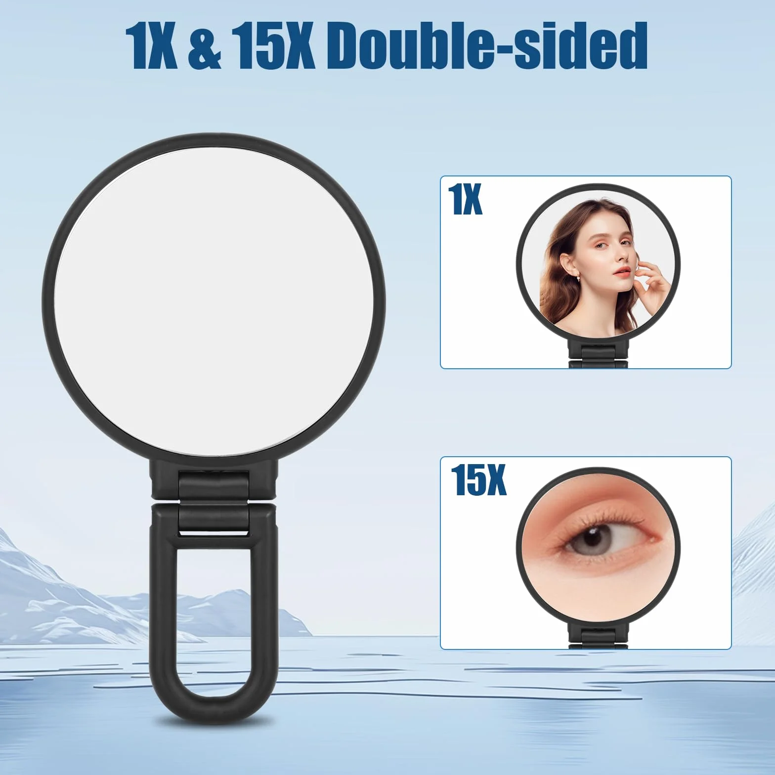 15X/1X Bifacciale Specchio Ingranditore, Specchietto con Manico Pieghevole, Rotondo Specchio Portatile, Specchio da Viaggio, Specchio Trucco per Make Up Spennare le Sopracciglia