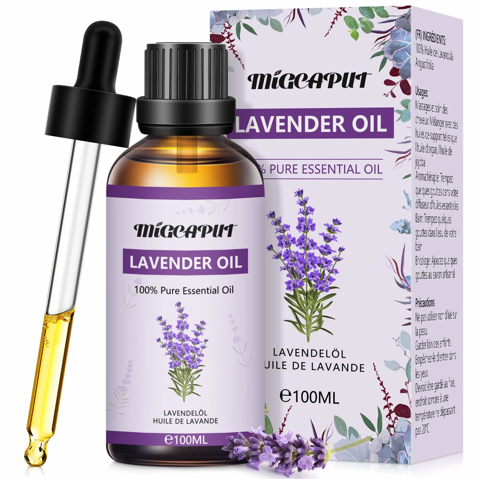 MIGCAPUT Olio Essenziale di Lavanda 100ML, Olio di Lavanda di Grado Terapeutico, 100% Naturale Oli Essenziali di Aromaterapia per Diffusori, Umidificatore, Massaggi, Relax, Aiutare a Dormire