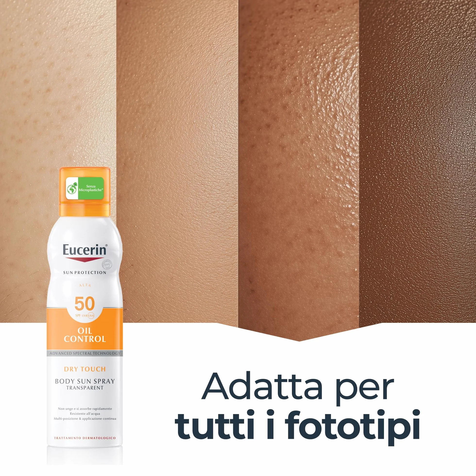 Eucerin Oil Control Body Sun Transparent Dry Touch SPF 50 200 ml Crema Solare Spray UVA/UVB Protezione Solare Pelle Sensibile Acneica
