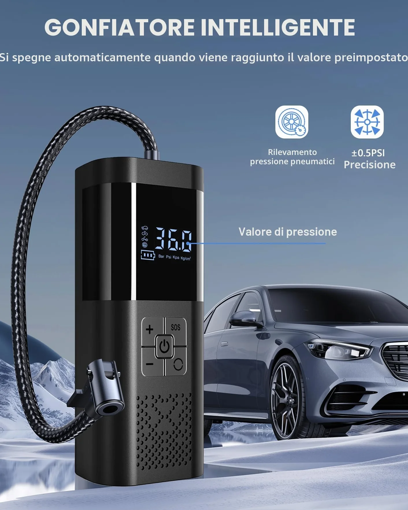 Compressore Aria Portatile 150PSI Mini Compressore a Batteria con Manometro Luce LED per Auto Moto Bici