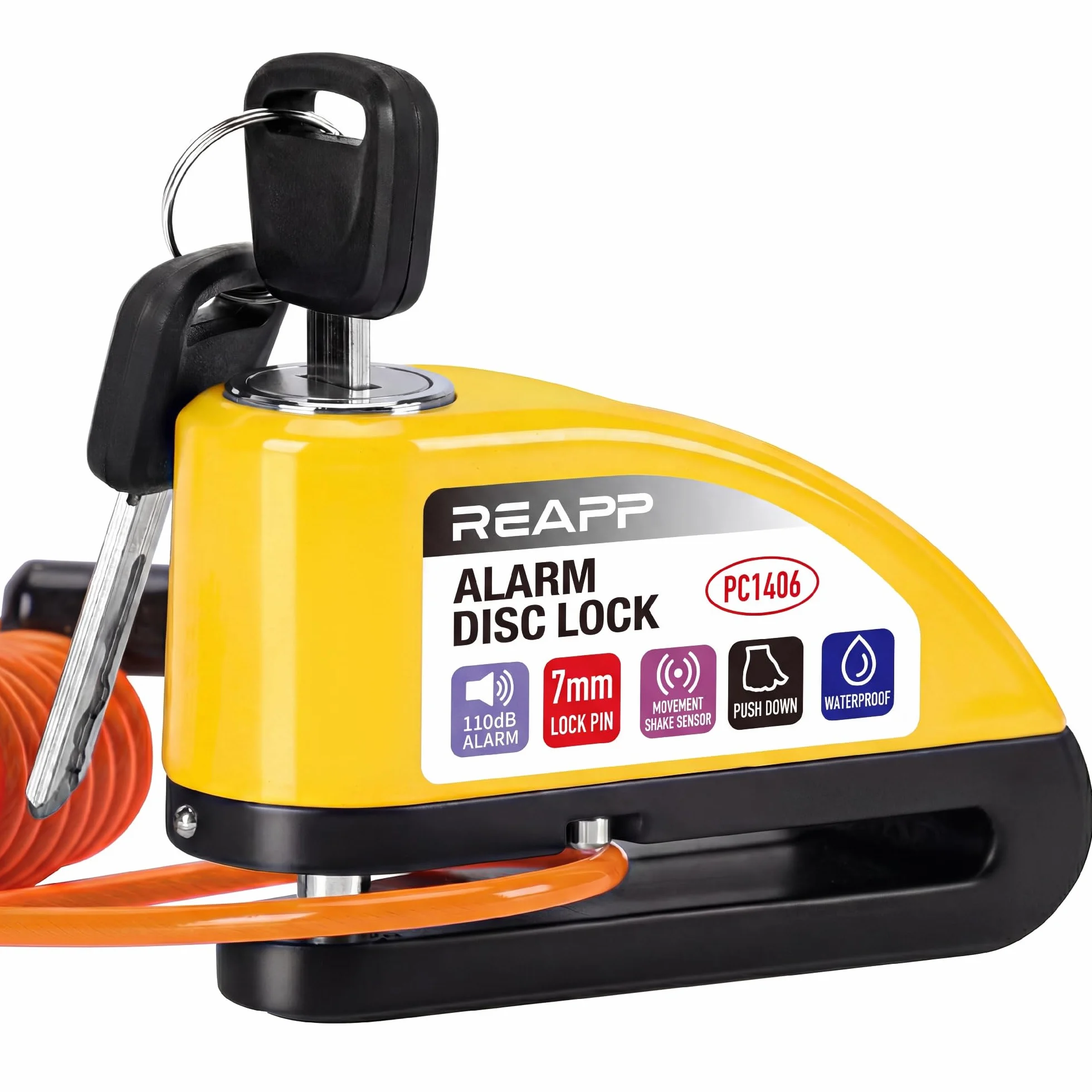 REAPP Lucchetto Moto Antifurto con Allarme Sonoro 110DB, Blocca Disco per Bici Motorino Moped Motocross, 2 Chiavi