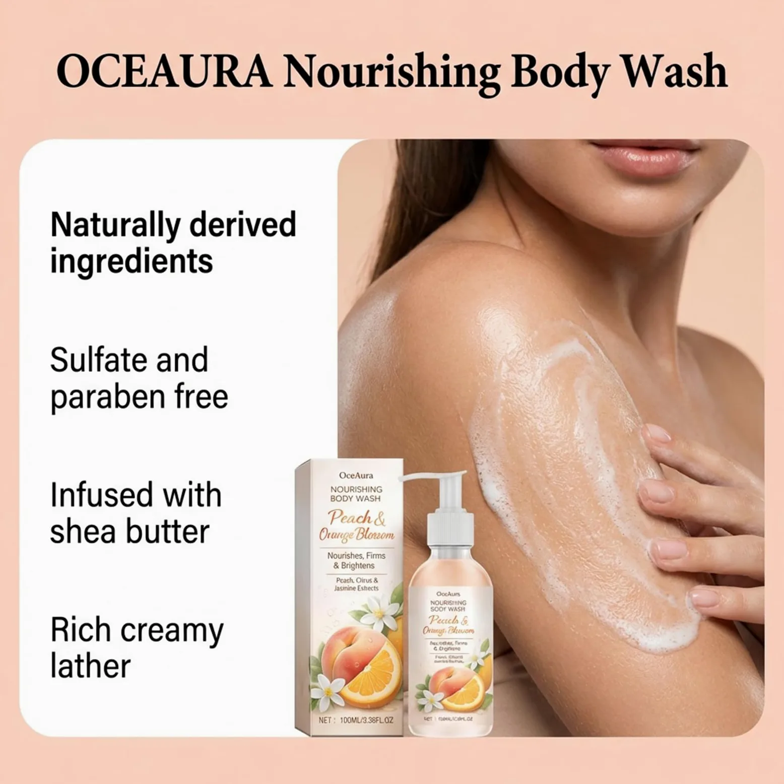 Detergente per il corpo di pesca e cocco, gel doccia rassodante per la pulizia della pelle, tonificante e detergente, gel idratante e schiarente (6 bottiglie)