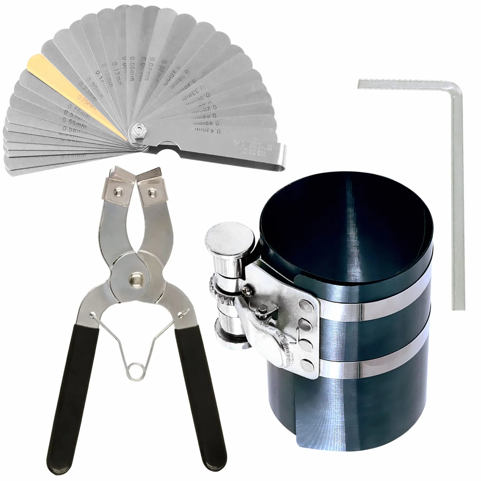 Swpeet Kit di 4 pinze per compressore ad anello del pistone da 4 pollici e pinze regolabili per l'installazione del pistone con chiave e kit assortito di calibri di spessore in acciaio inossidabile