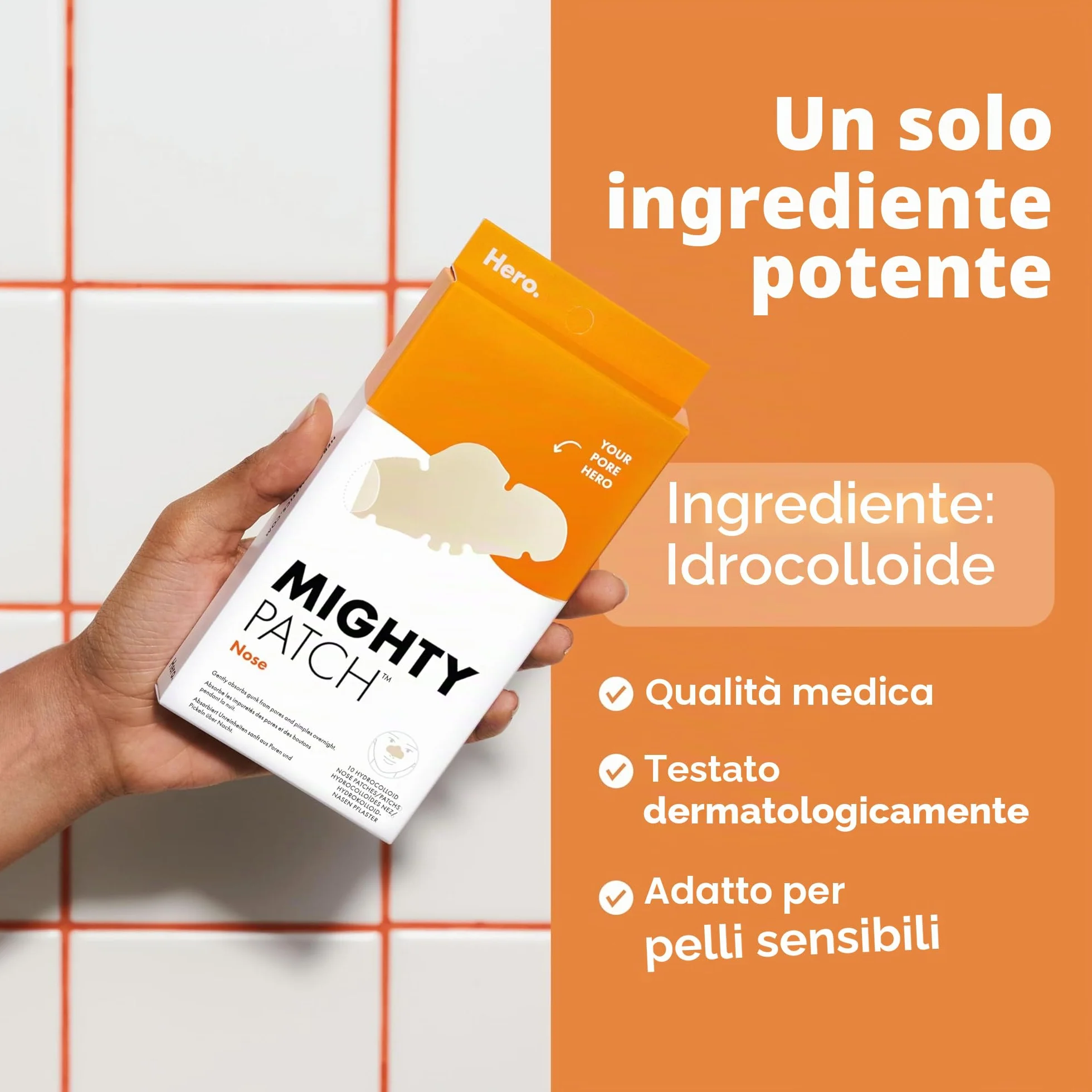 Hero Mighty Patch Nose: Cerotto anti-acne all'idrocolloide che assorbe le impurità dai pori e dai brufoli sul naso in 6 ore, confezione da 10 cerotti.