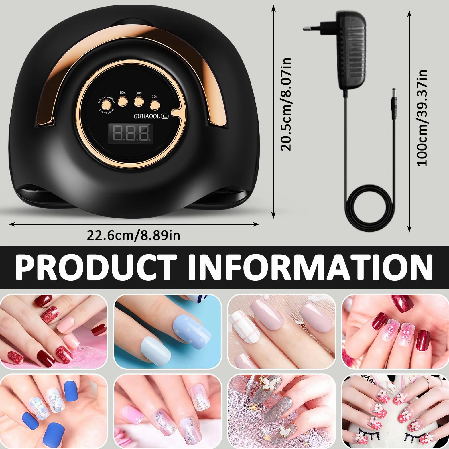Lampada Unghie UV LED, 180W Fornetto Unghie Può Curare Rapidamente, con 4 Timer 10s/30s/60s/99s,Sensore Di Avvio Automatico, LCD Display Lampada per unghie per Gel Nail Polish Light, Nero