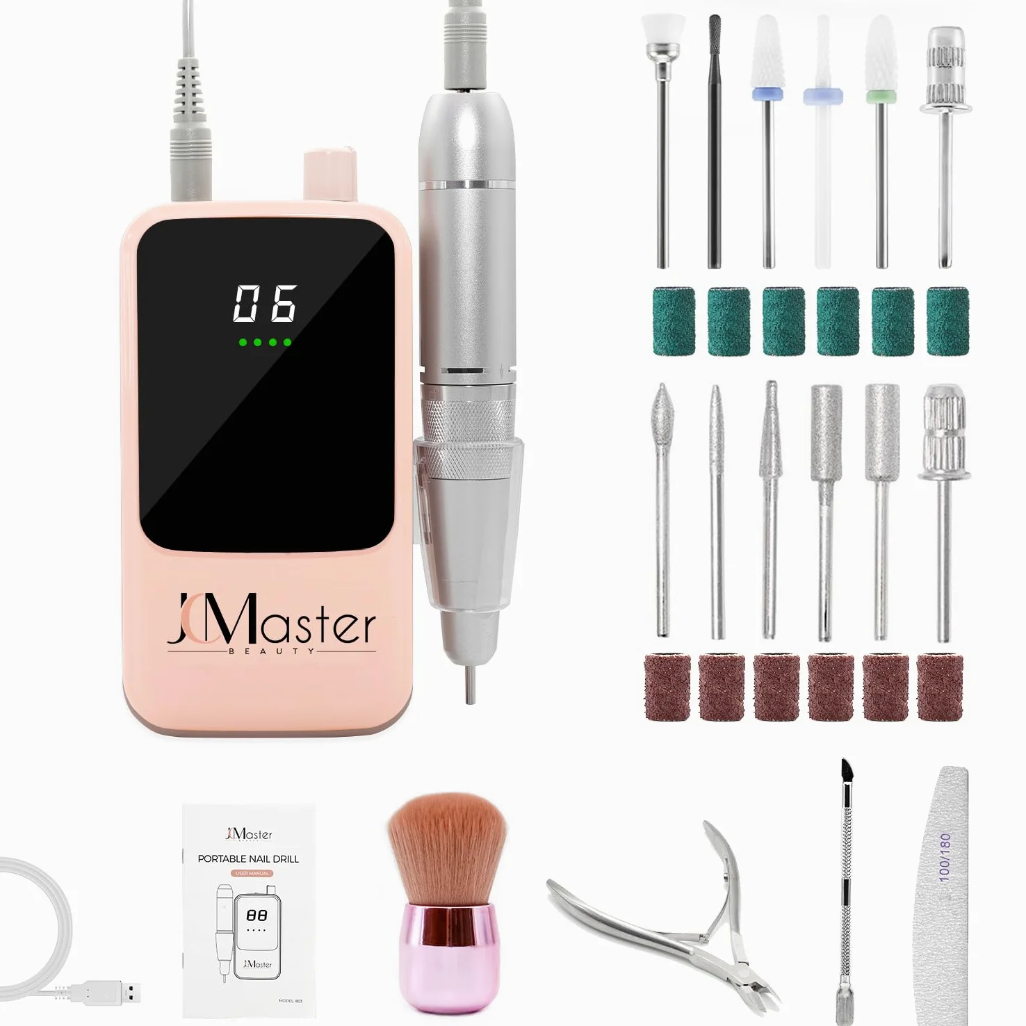 Fresa unghie professionale JCMaster, 35.000 U/min, lima elettrica portatile per unghie in gel e acrilico, batteria ricaricabile, incl. 12 punte, comando a pulsante.