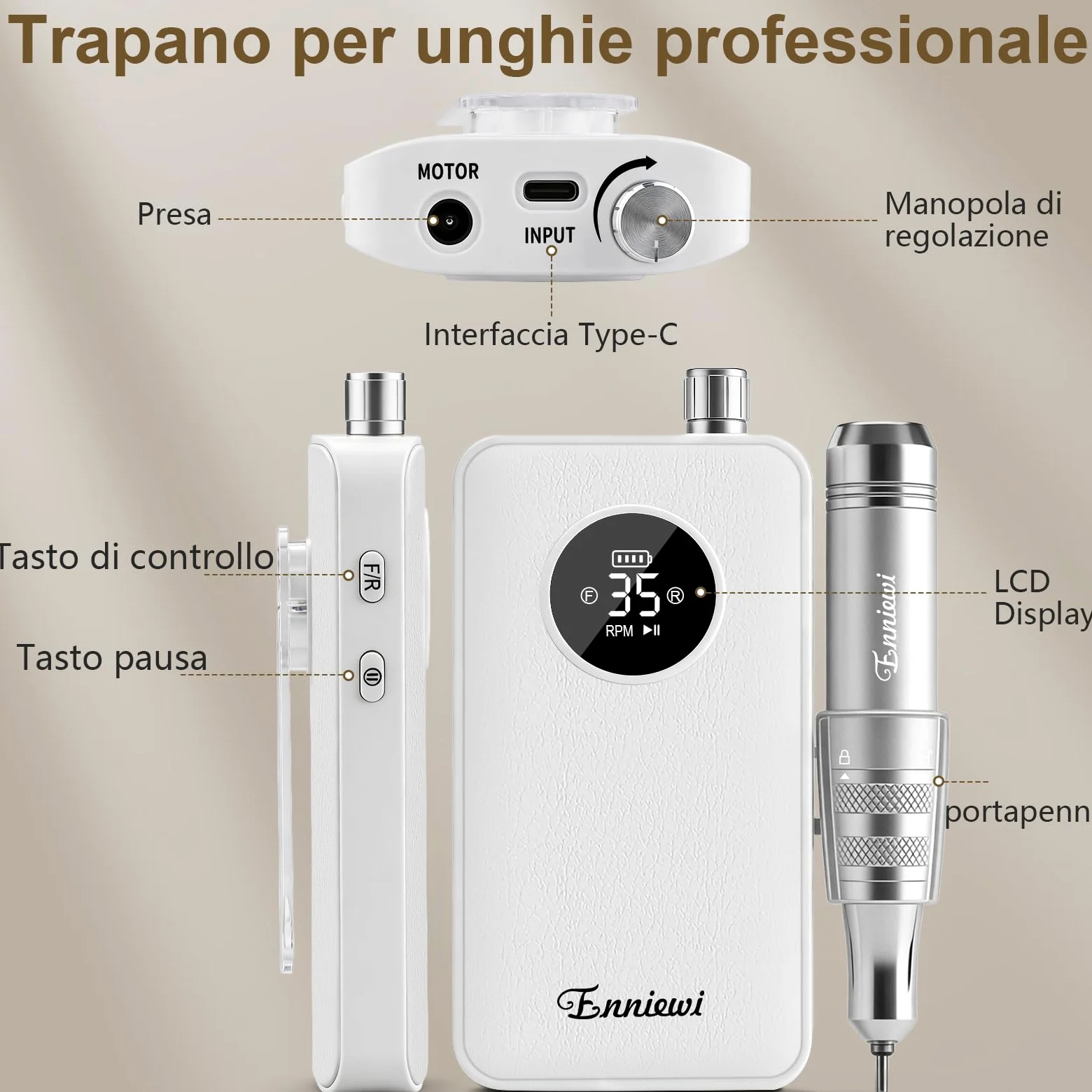 Fresa per Unghie Professionale 35000RPM per Unghie in Gel, Trapano Elettrico Ricaricabile con Display LED, Portatile, Kit Professionale per Manicure e Pedicure per Casa e Salone, 48W, Bianco